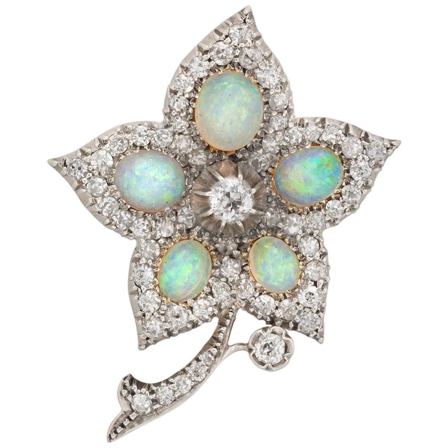 Victorian Opal and Diamond Flower Brooch