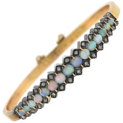 Victorian Opal and Diamond Hinged Bangle Bracelet