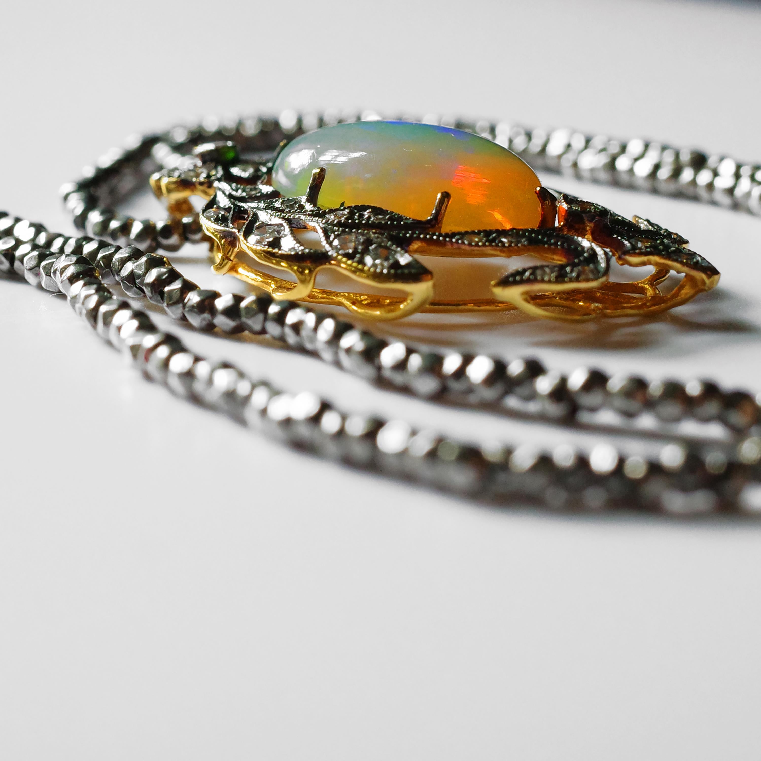 Victorian Opal and Diamond Pendant of Beguiling Beauty on Cut Steel Chain 7