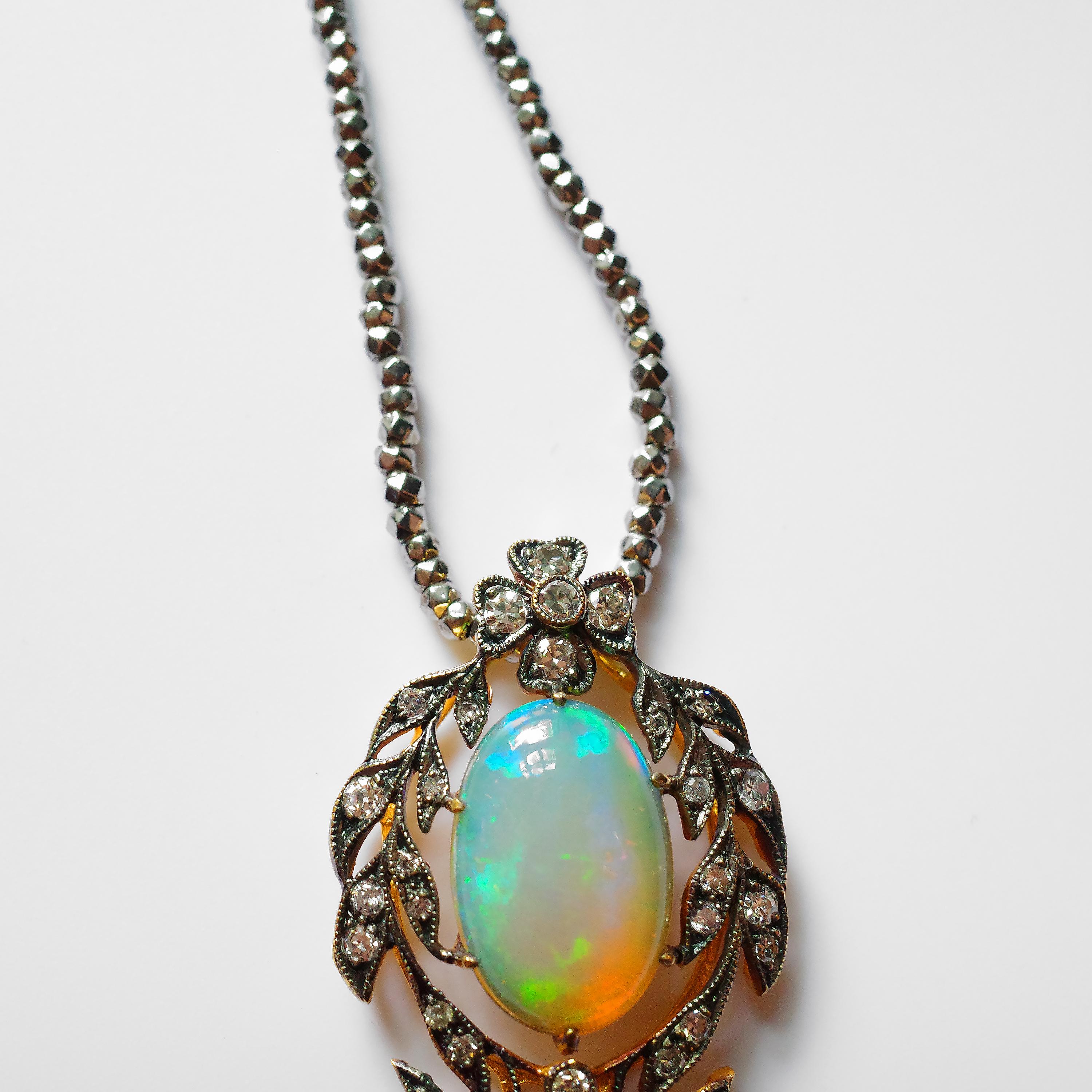 Victorian Opal and Diamond Pendant of Beguiling Beauty on Cut Steel Chain 13