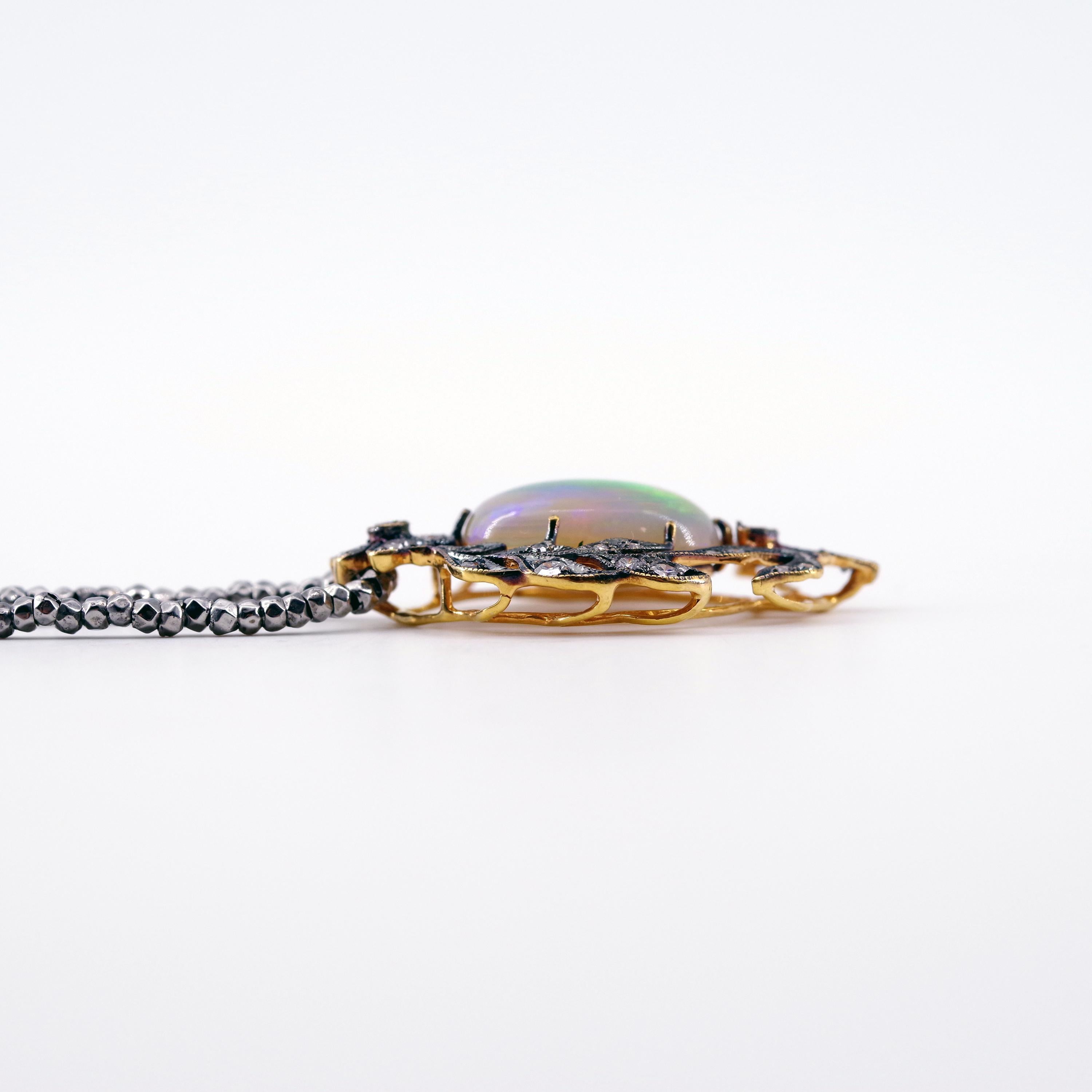 Victorian Opal and Diamond Pendant of Beguiling Beauty on Cut Steel Chain 14