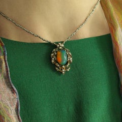 Victorian Opal and Diamond Pendant of Beguiling Beauty on Cut Steel Chain