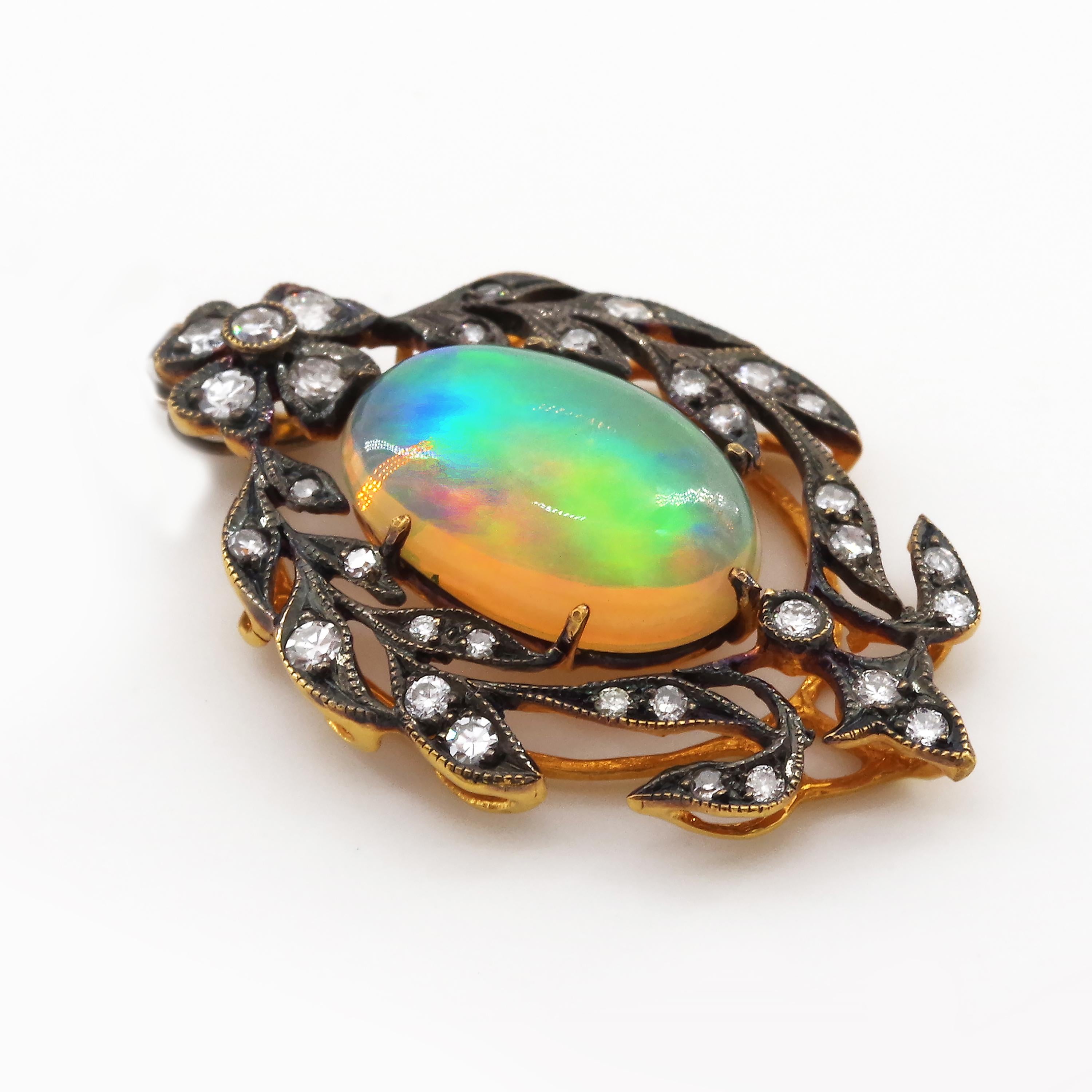 Victorian Opal and Diamond Pendant of Beguiling Beauty on Cut Steel Chain In Excellent Condition In Southbury, CT