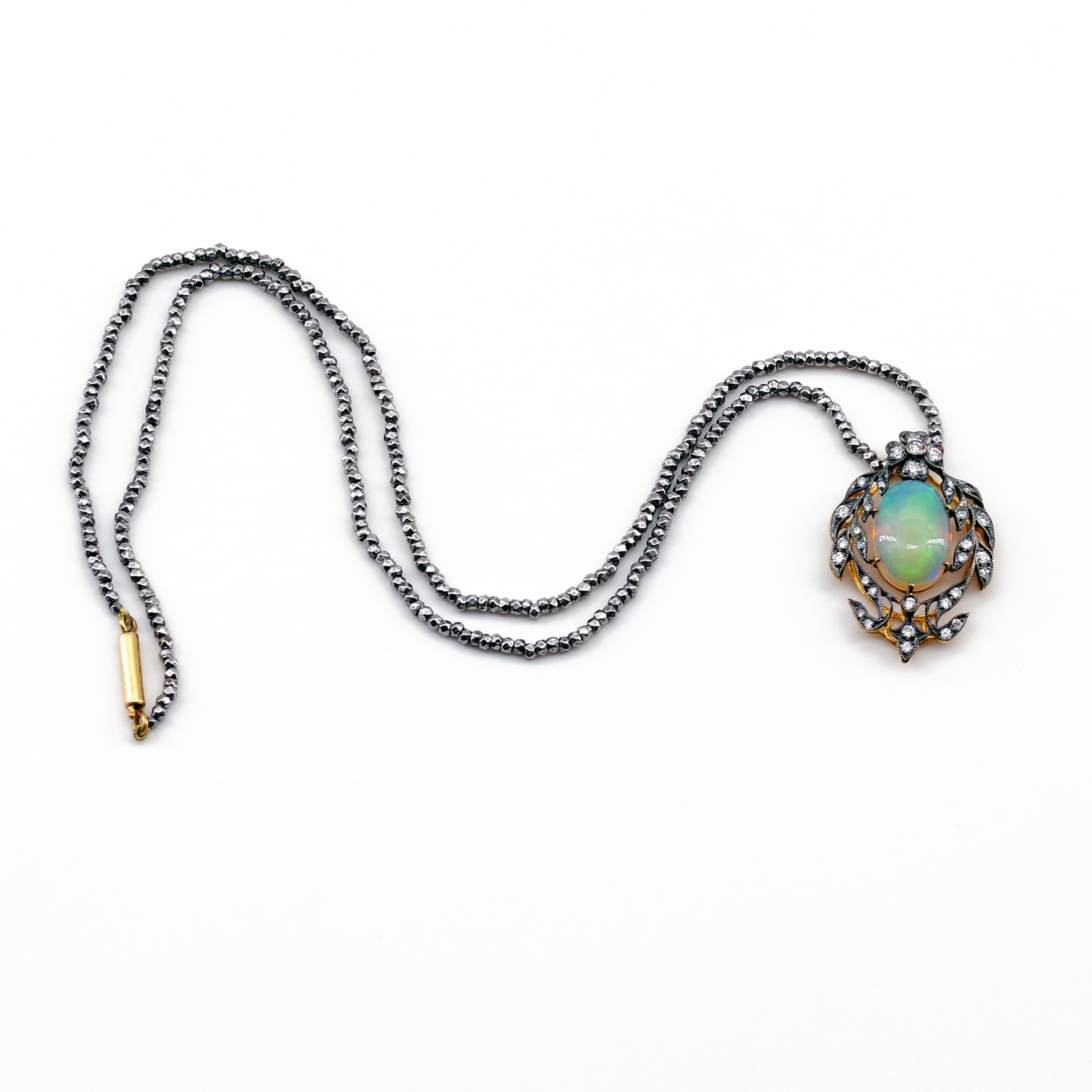 Women's Victorian Opal and Diamond Pendant of Beguiling Beauty on Cut Steel Chain