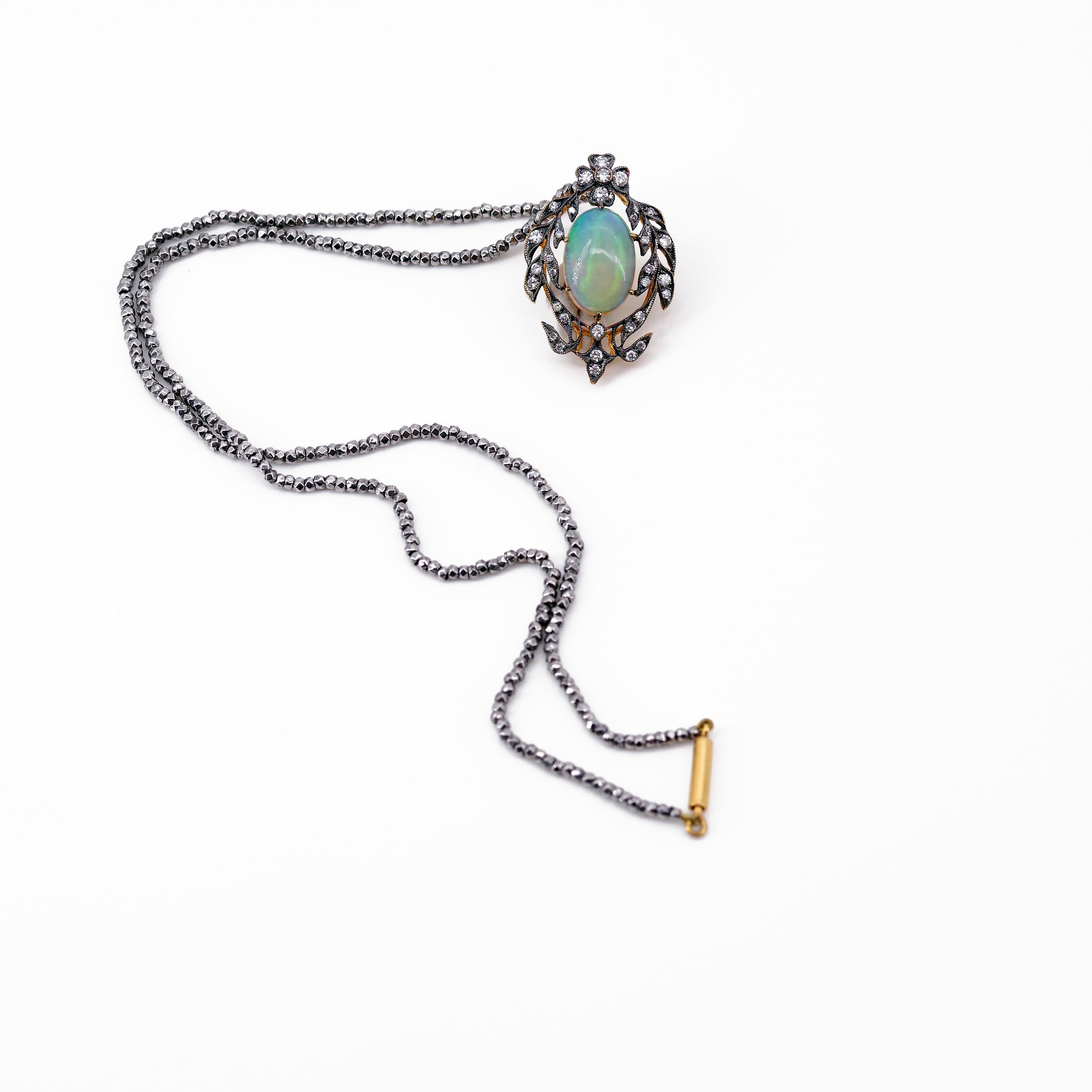 Victorian Opal and Diamond Pendant of Beguiling Beauty on Cut Steel Chain 1
