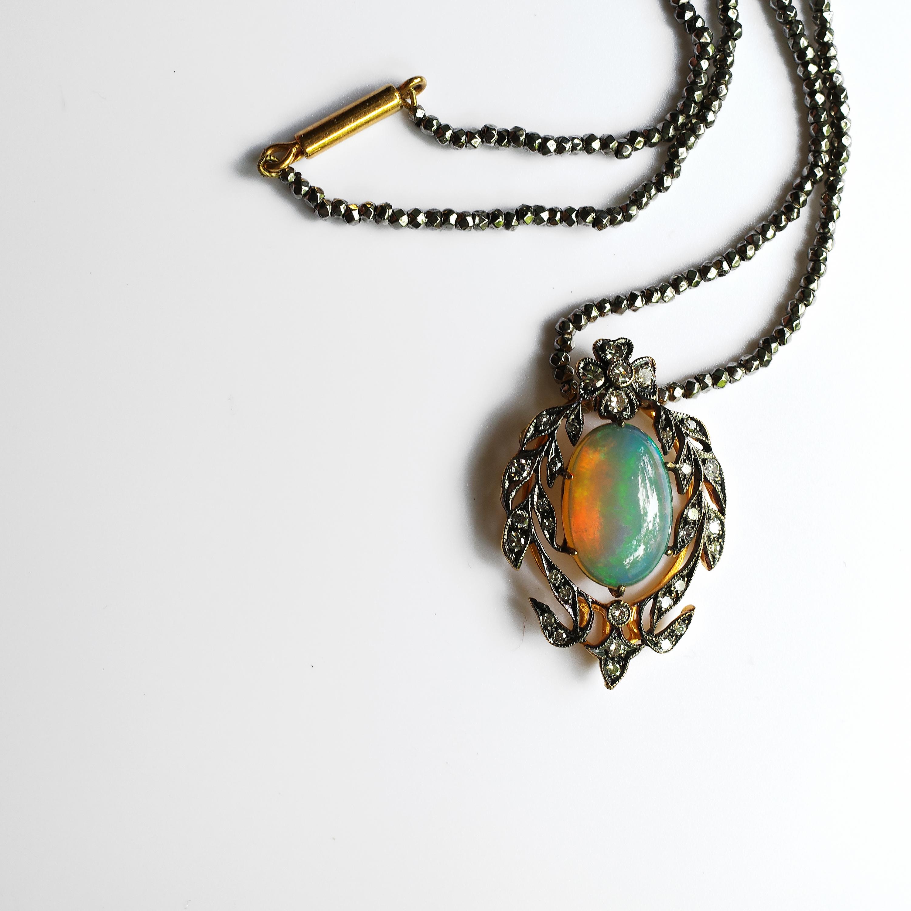 Victorian Opal and Diamond Pendant of Beguiling Beauty on Cut Steel Chain 2