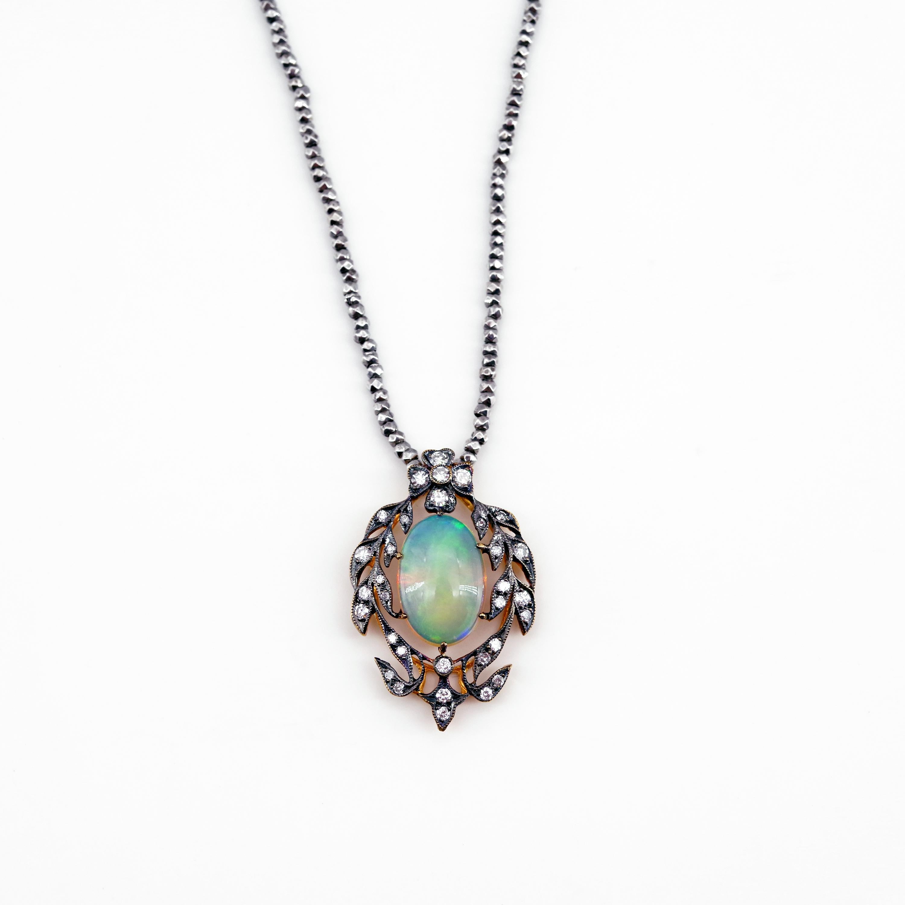 Victorian Opal and Diamond Pendant of Beguiling Beauty on Cut Steel Chain 3