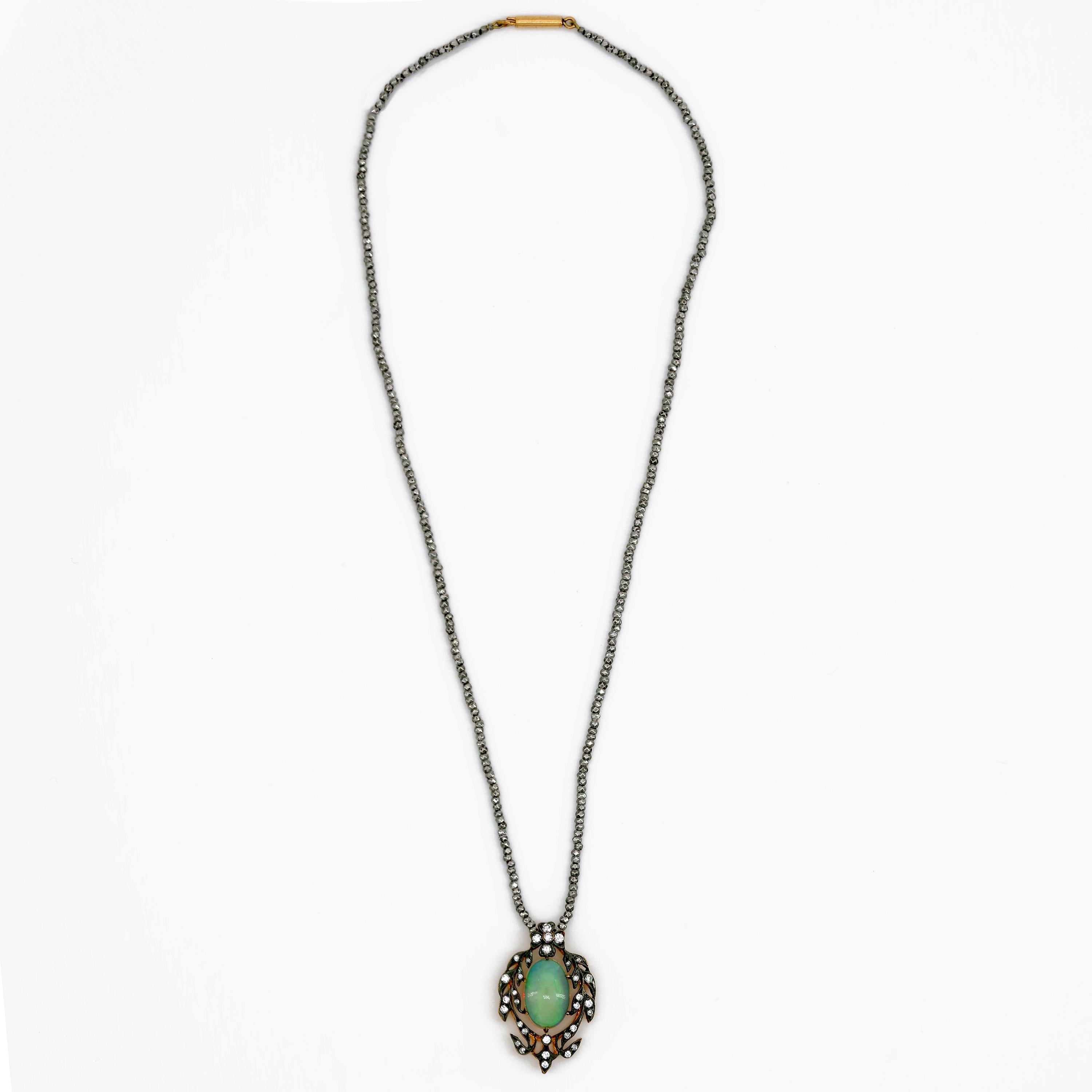 Victorian Opal and Diamond Pendant of Beguiling Beauty on Cut Steel Chain 4