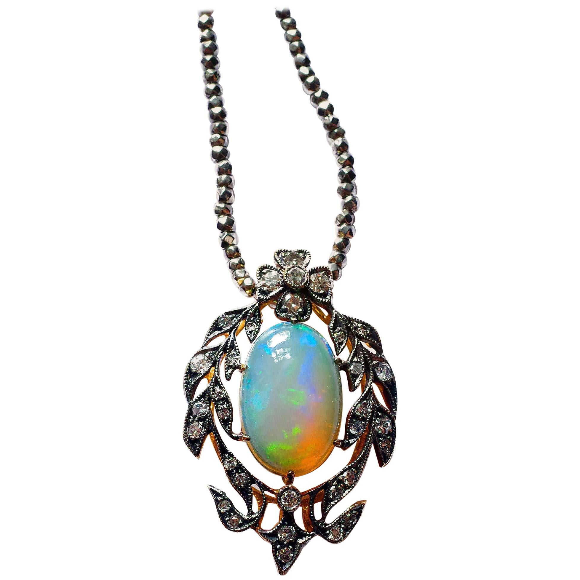 Victorian Opal and Diamond Pendant of Beguiling Beauty on Cut Steel Chain