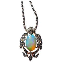 Antique Victorian Opal and Diamond Pendant of Beguiling Beauty on Cut Steel Chain