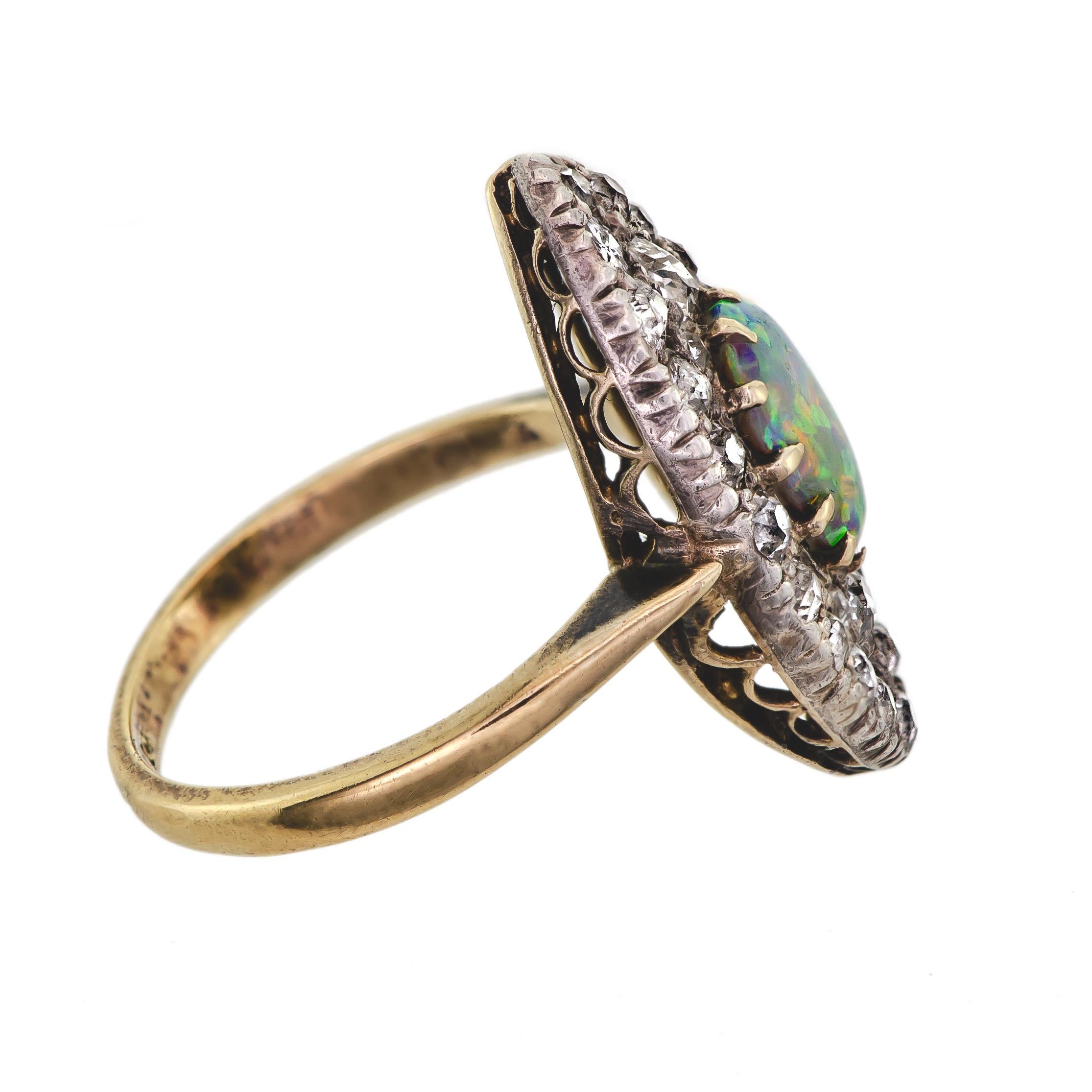 Victorian Opal and Diamond Silver Topped Ring In Excellent Condition For Sale In Lombard, IL