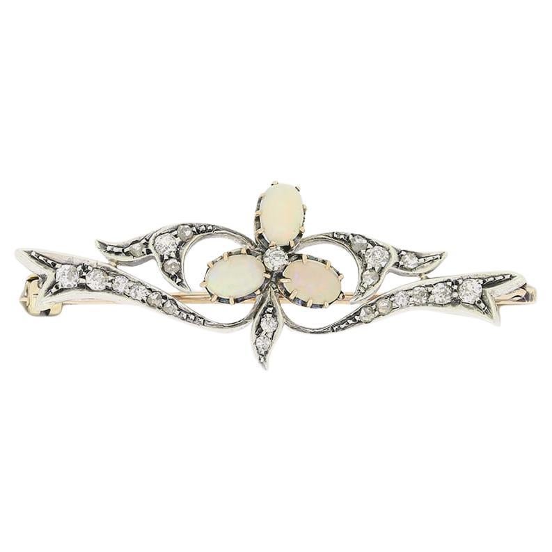 Victorian Opal and Old Cut Diamond Brooch For Sale
