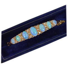 Antique Victorian Opal and Old Cut Diamond Rose Gold Bangle in Box