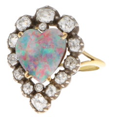 Victorian Opal and Old Mine Cut Diamond Heart Ring in Silver-on-Gold