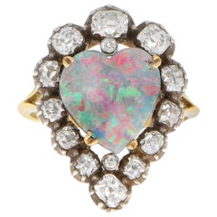 Victorian Opal and Old Mine Cut Diamond Heart Ring in Silver-on-Gold