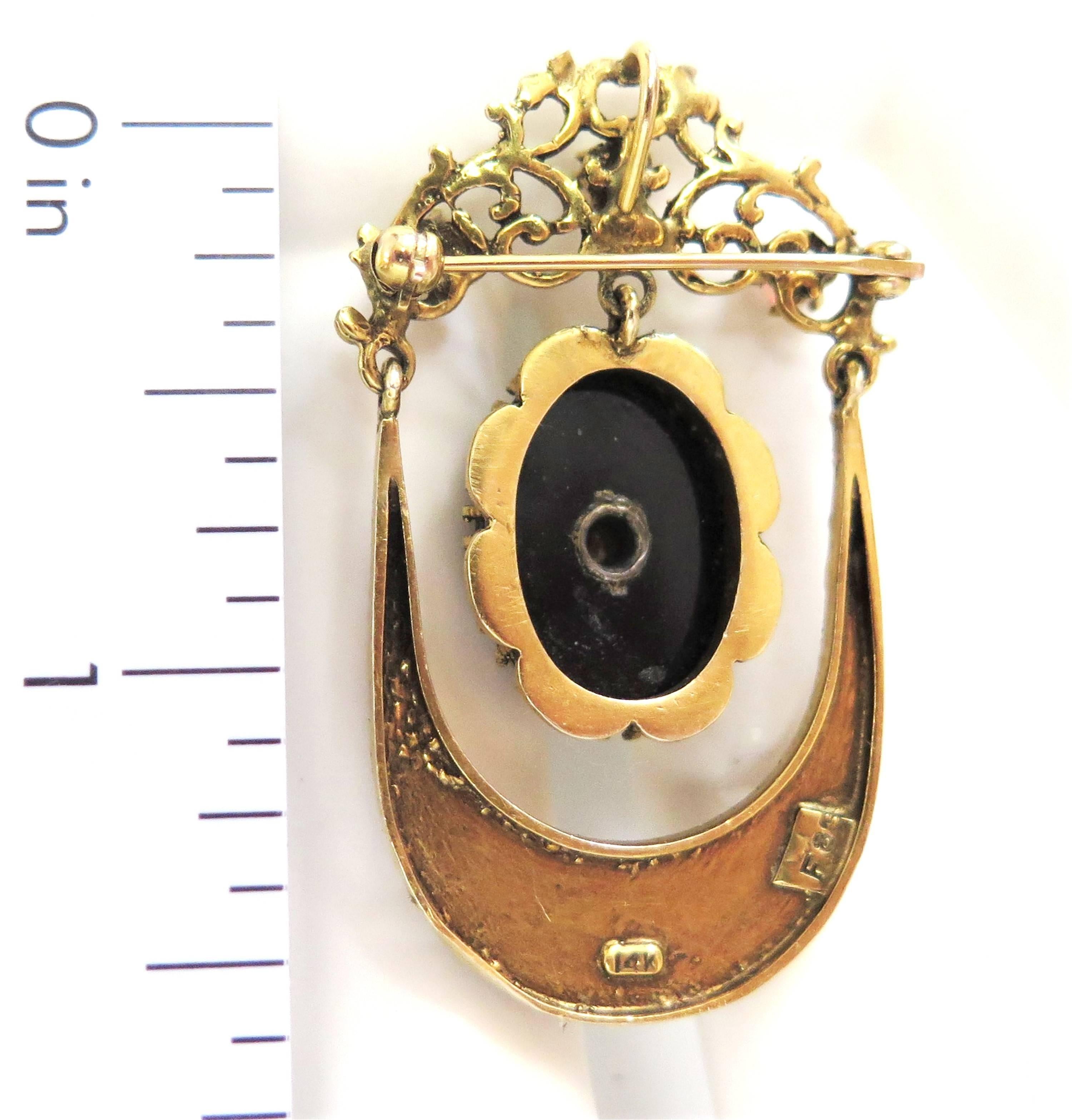Round Cut Victorian Opal and Onyx Pin / Pendant / 14 Karat Yellow Gold For Sale