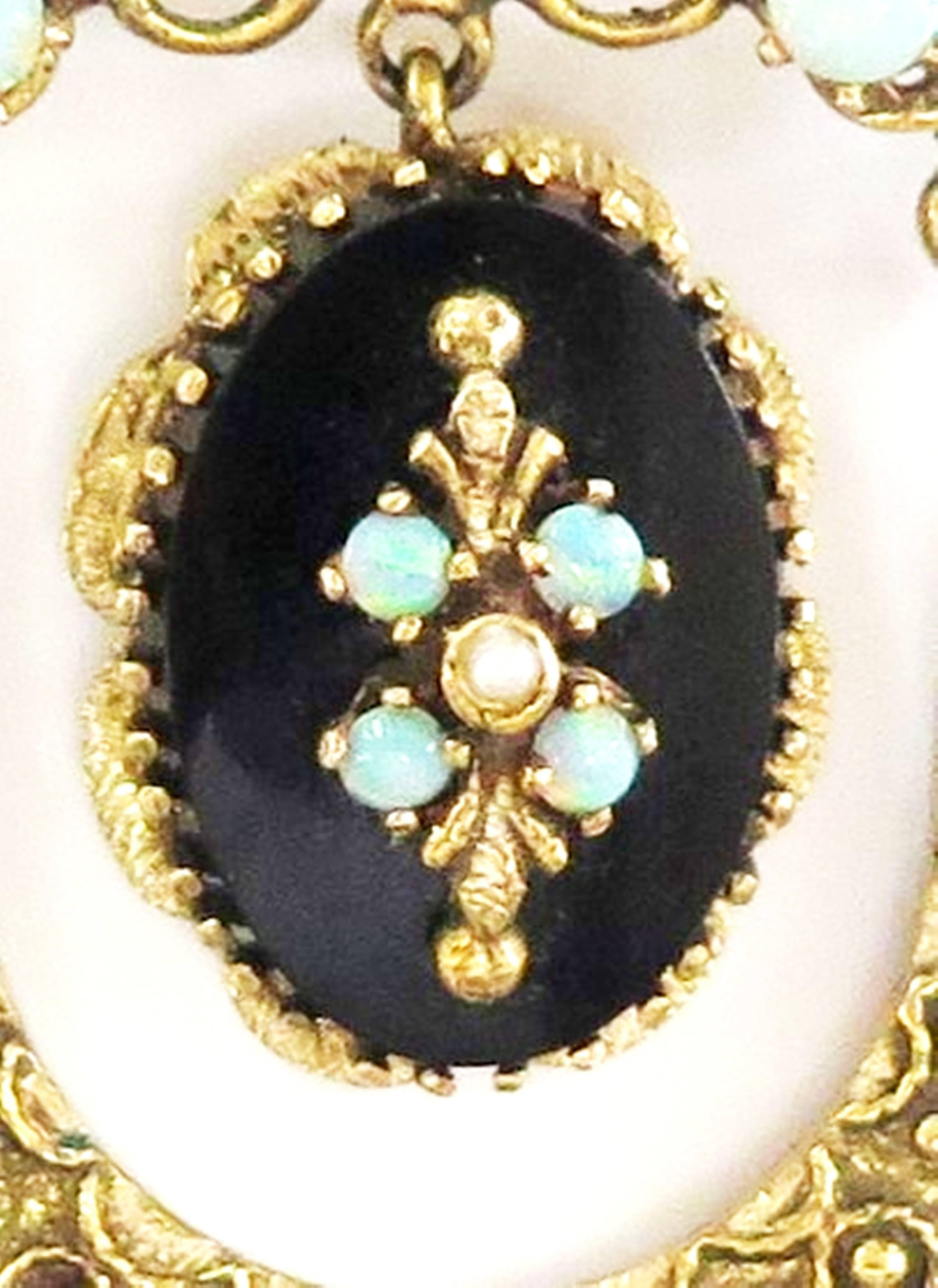 Women's or Men's Victorian Opal and Onyx Pin / Pendant / 14 Karat Yellow Gold For Sale