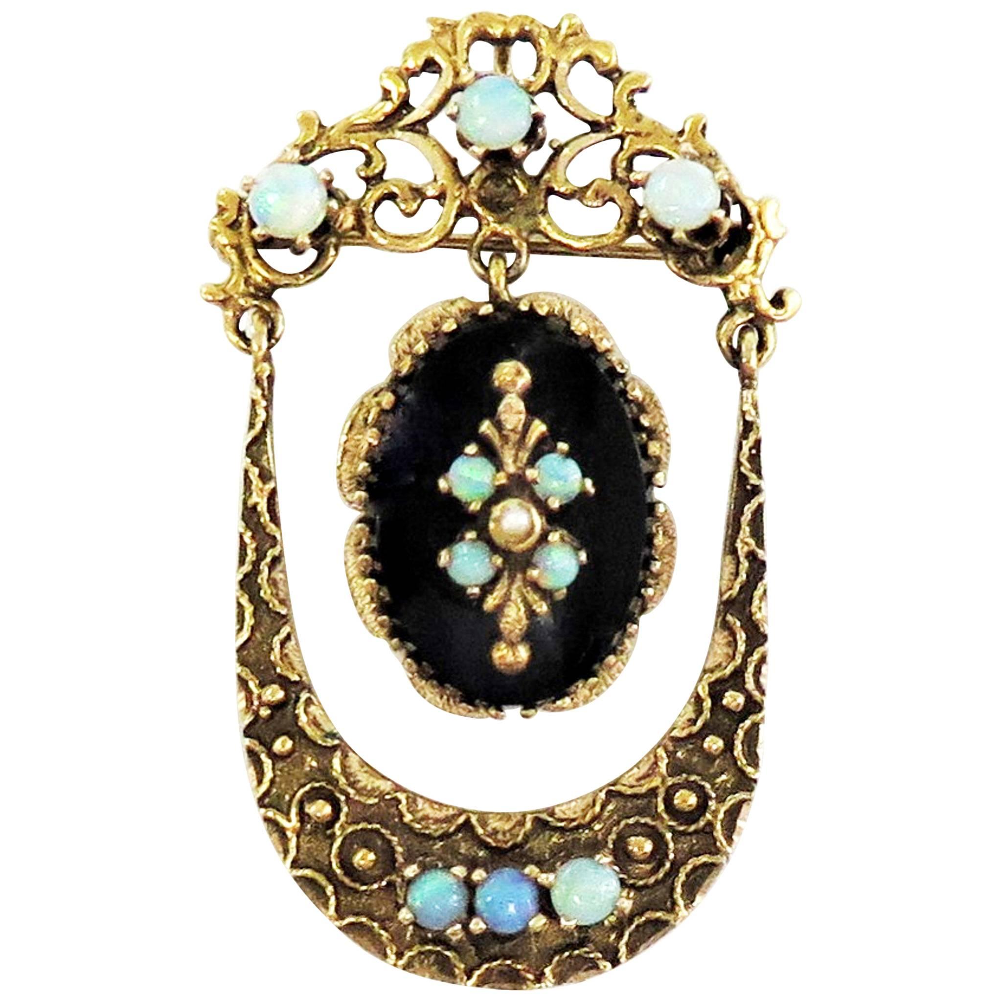 Victorian Opal and Onyx Pin / Pendant / 14 Karat Yellow Gold For Sale