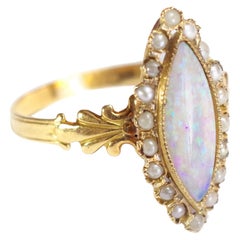 Victorian Opal and Pearl Marquise Ring, Antique Navette Opal Ring 18k Gold