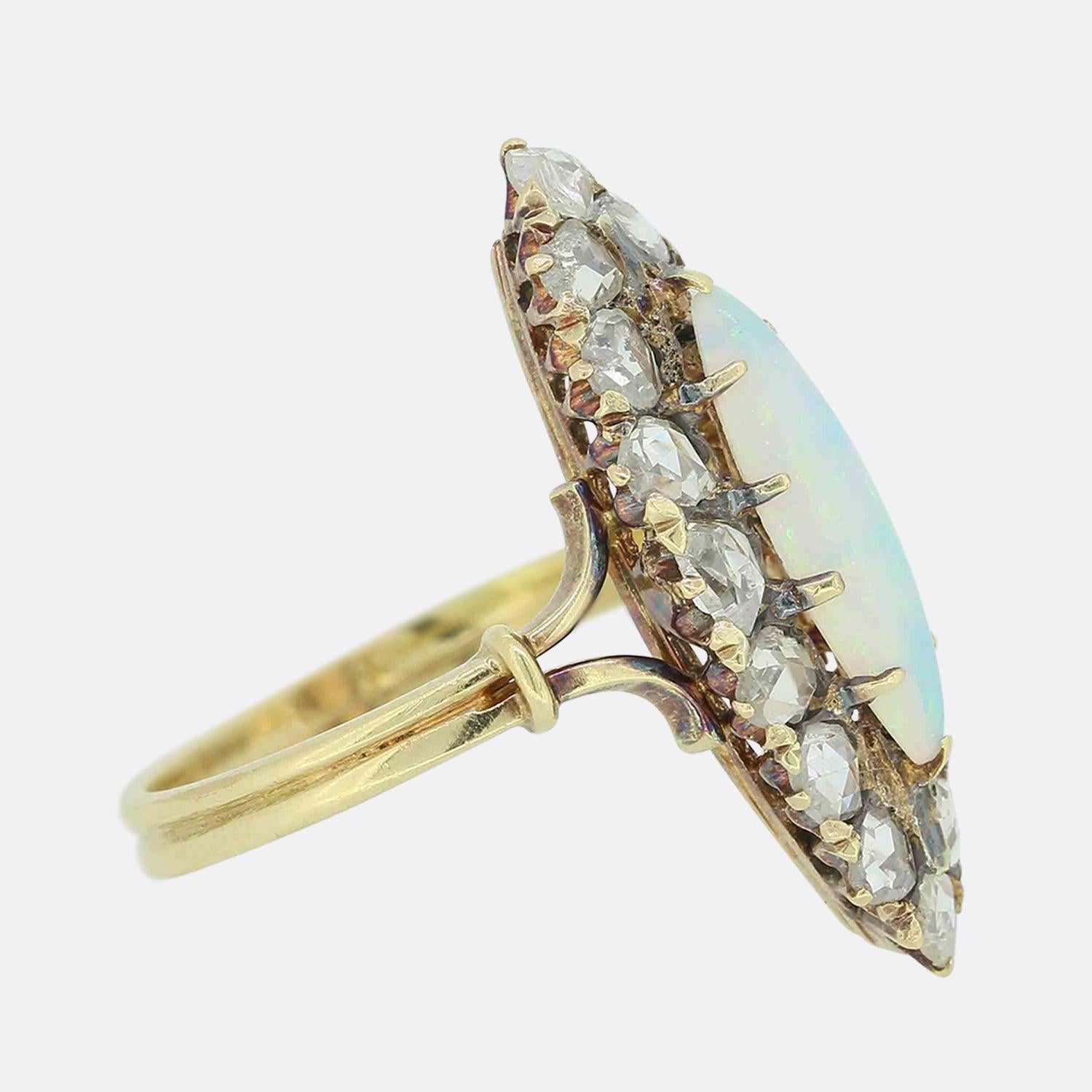 Oval Cut Victorian Opal and Rose Cut Diamond Navette Ring For Sale