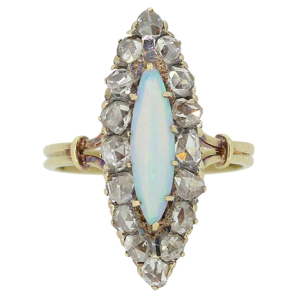 Victorian Opal and Rose Cut Diamond Navette Ring For Sale