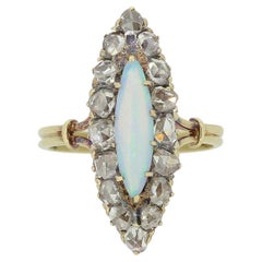Antique Victorian Opal and Rose Cut Diamond Navette Ring
