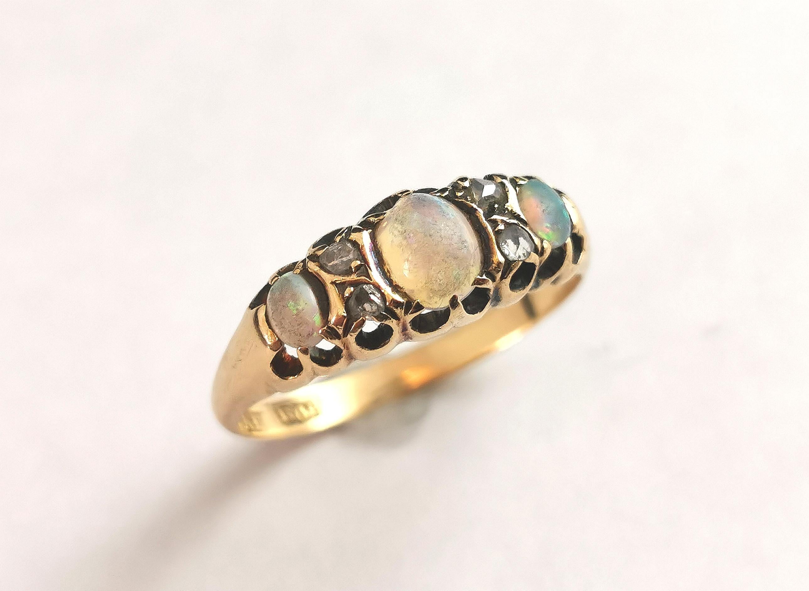 Victorian Opal and Rose Cut Diamond Ring, 18 Karat Yellow Gold 9