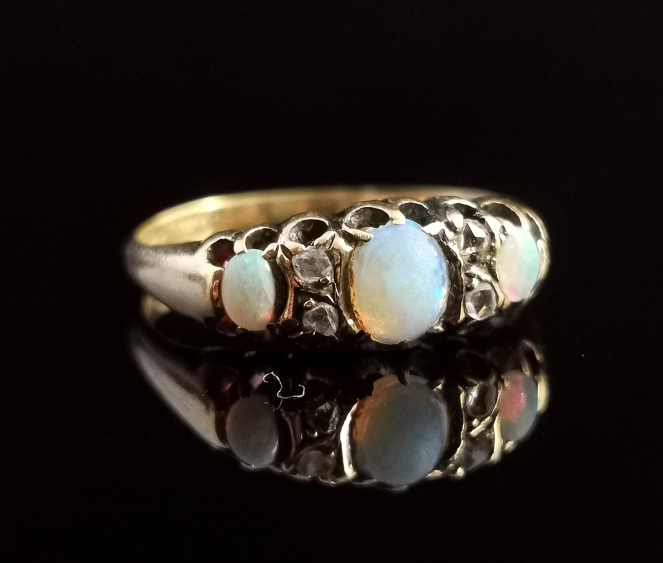Cabochon Victorian Opal and Rose Cut Diamond Ring, 18 Karat Yellow Gold