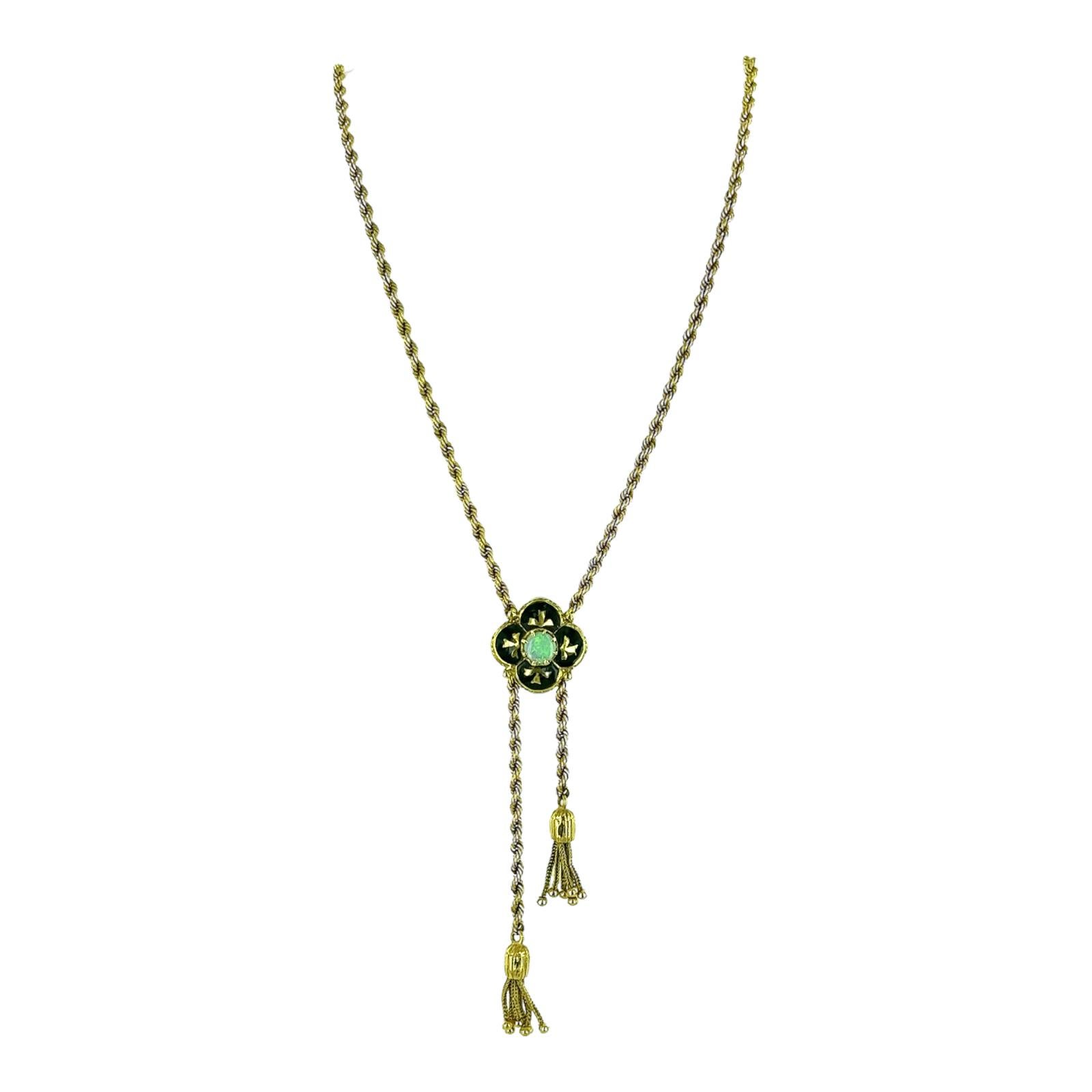 Round Cut Victorian Opal Black Enamel Antique 14 Karat Yellow Gold Slide Tassel Necklace 