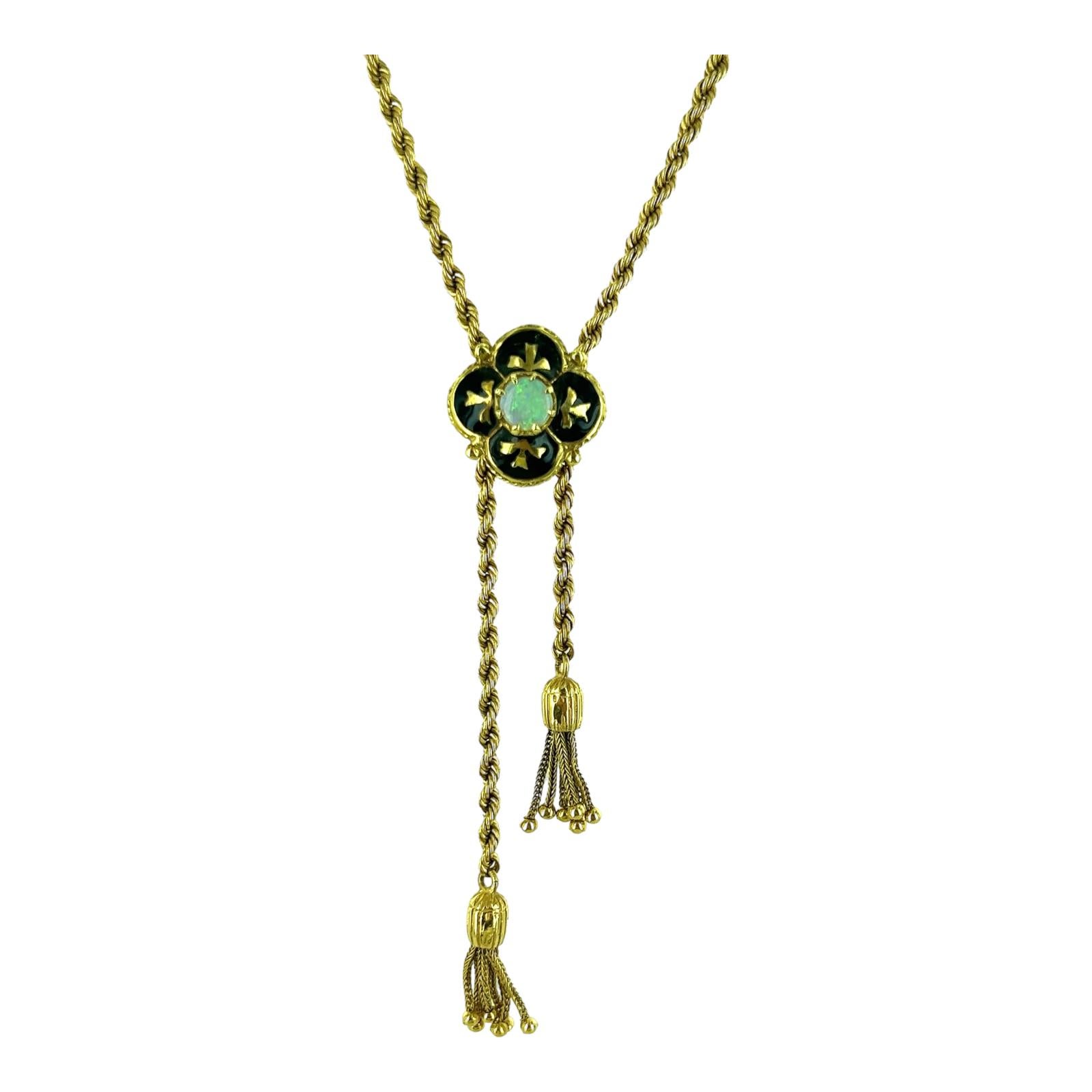Victorian Opal Black Enamel Antique 14 Karat Yellow Gold Slide Tassel Necklace  In Excellent Condition In Boca Raton, FL