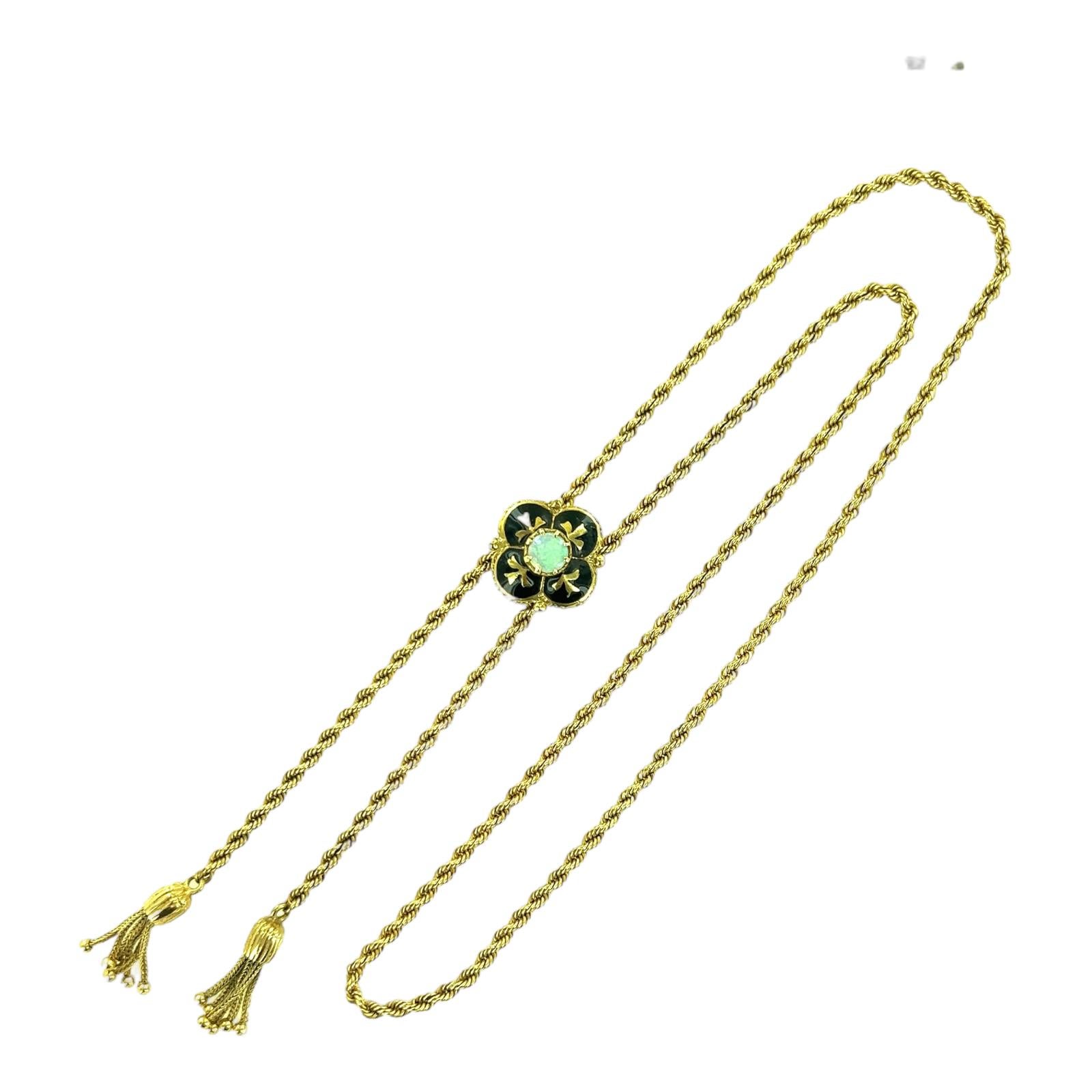 Women's Victorian Opal Black Enamel Antique 14 Karat Yellow Gold Slide Tassel Necklace 