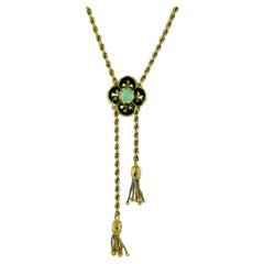 Victorian Opal Black Enamel Antique 14 Karat Yellow Gold Slide Tassel Necklace 
