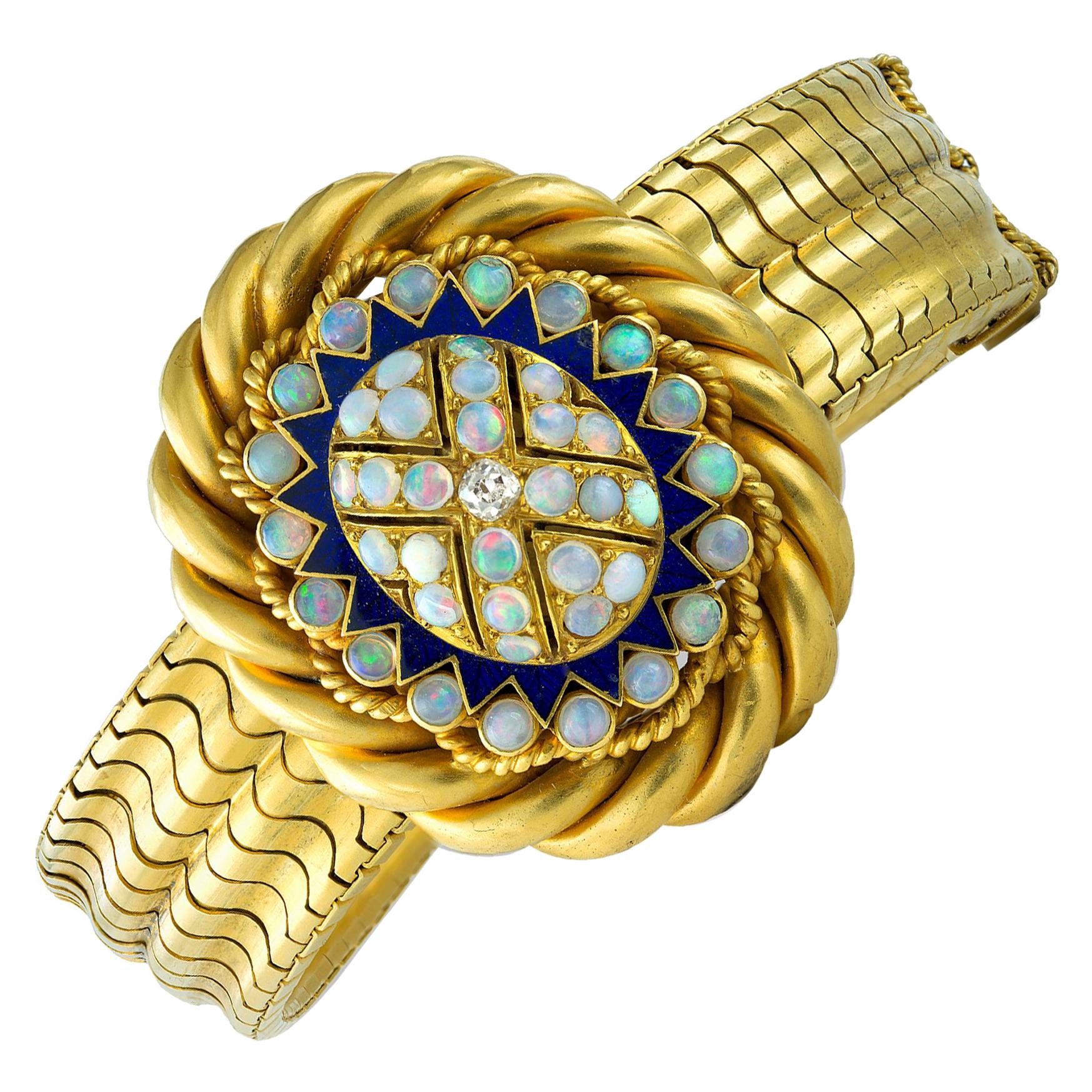 Victorian Opal, Blue Enamel and Diamond Bracelet