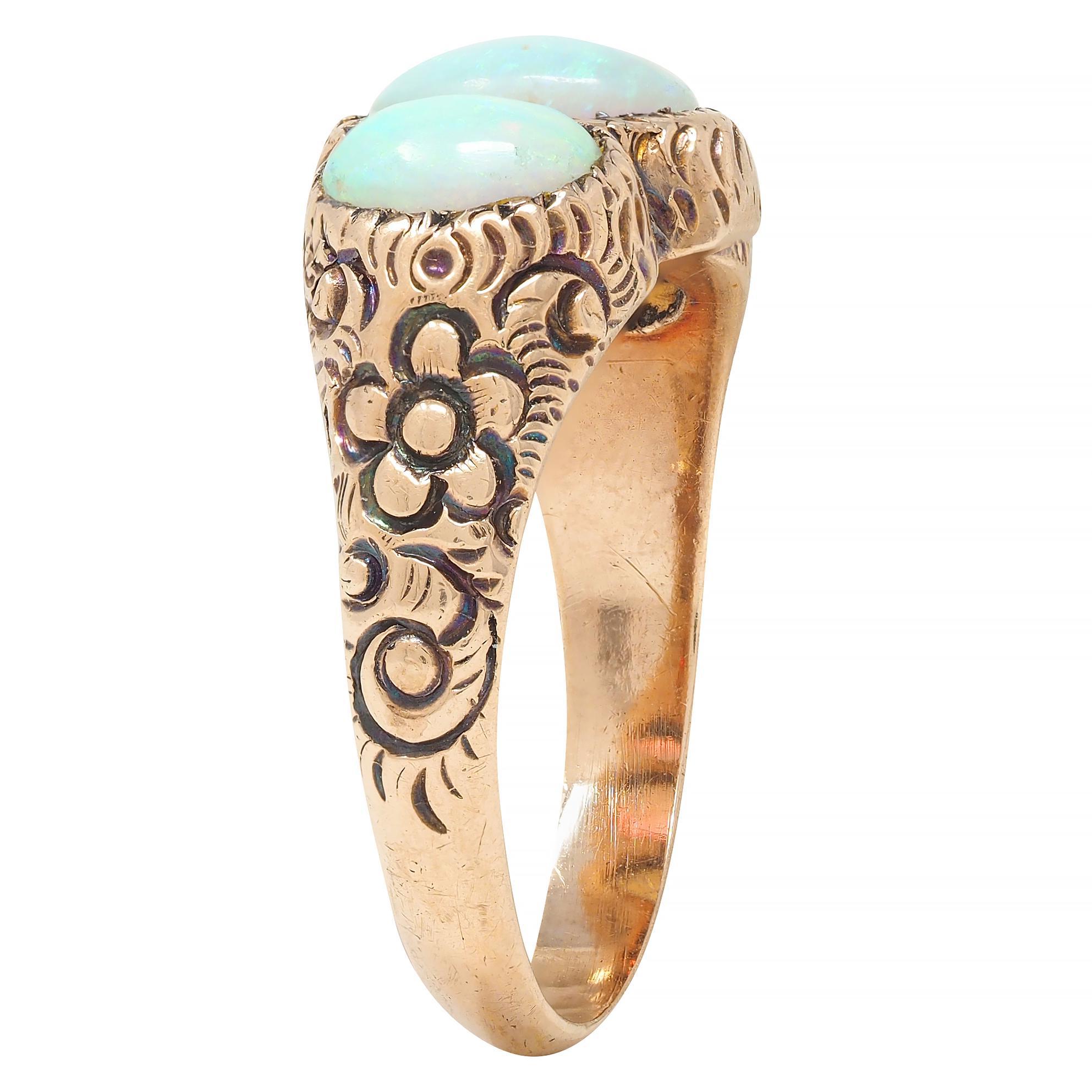 Victorian Opal Cabochon 14 Karat Rose Gold Antique Three Stone Floral Band Ring For Sale 6