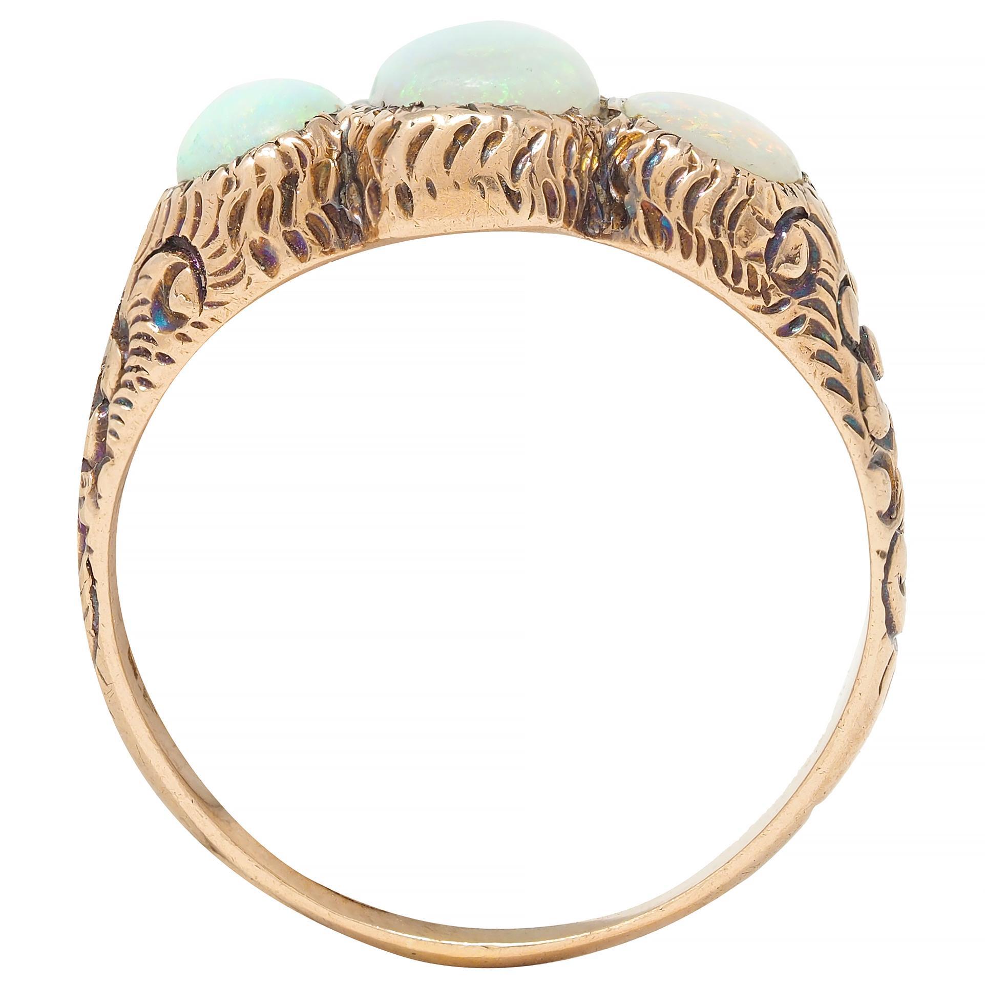 Victorian Opal Cabochon 14 Karat Rose Gold Antique Three Stone Floral Band Ring For Sale 7