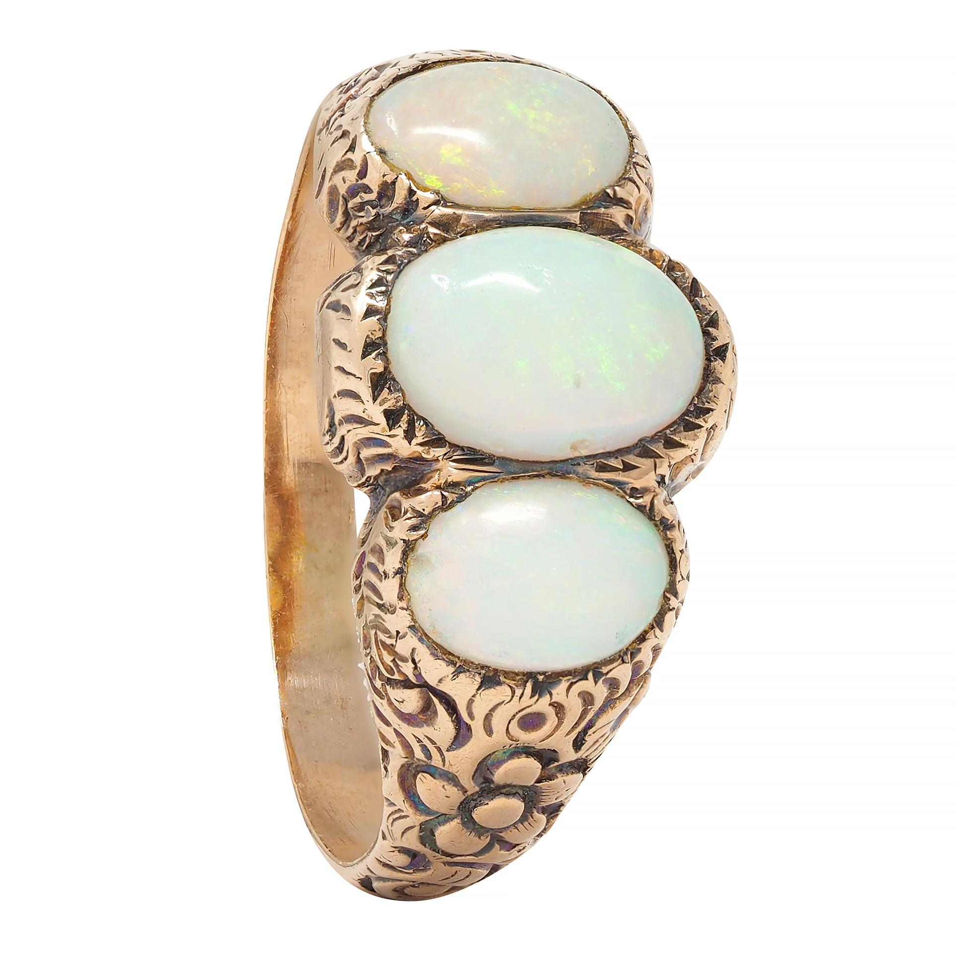 Victorian Opal Cabochon 14 Karat Rose Gold Antique Three Stone Floral Band Ring For Sale 8