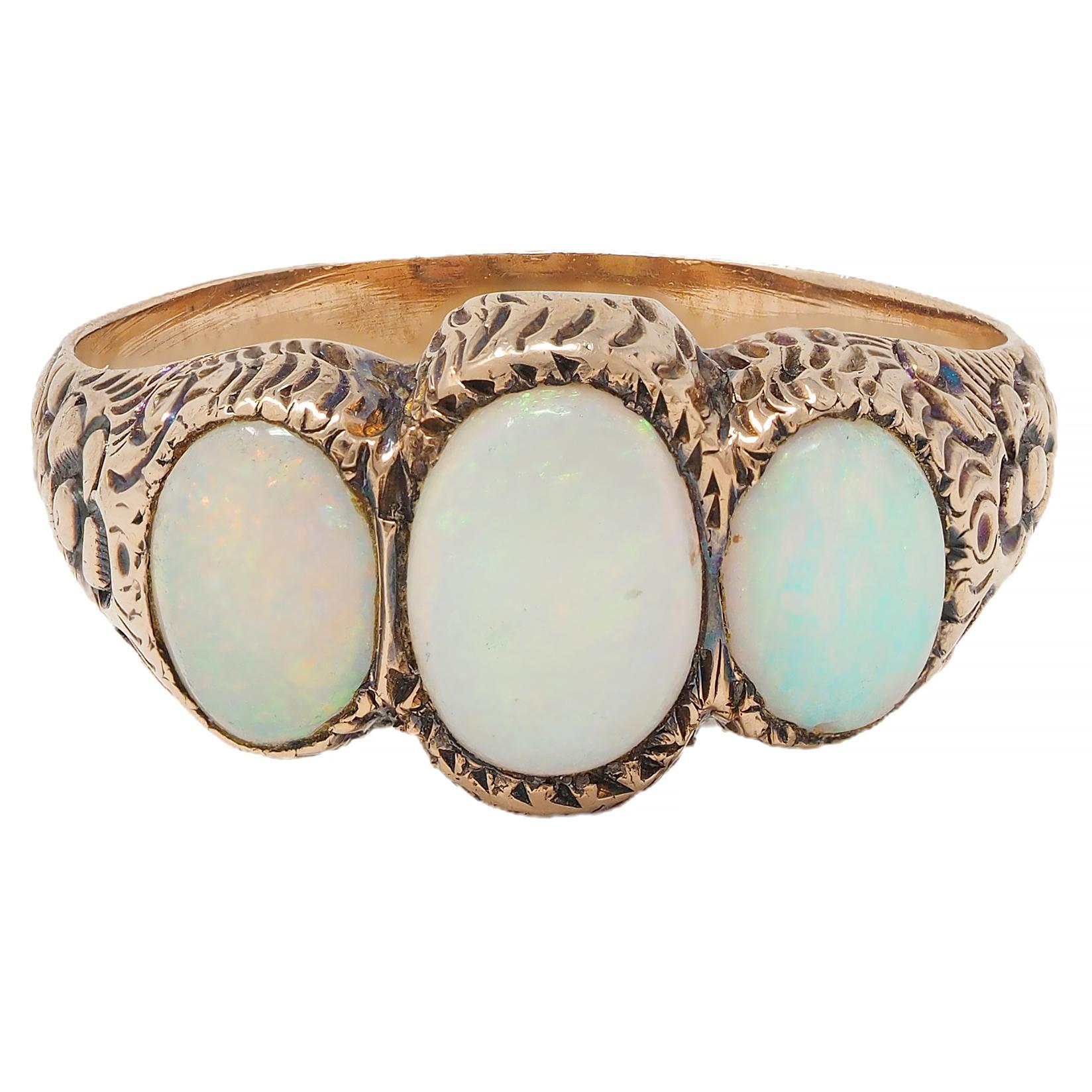 Victorian Opal Cabochon 14 Karat Rose Gold Antique Three Stone Floral Band Ring For Sale 10