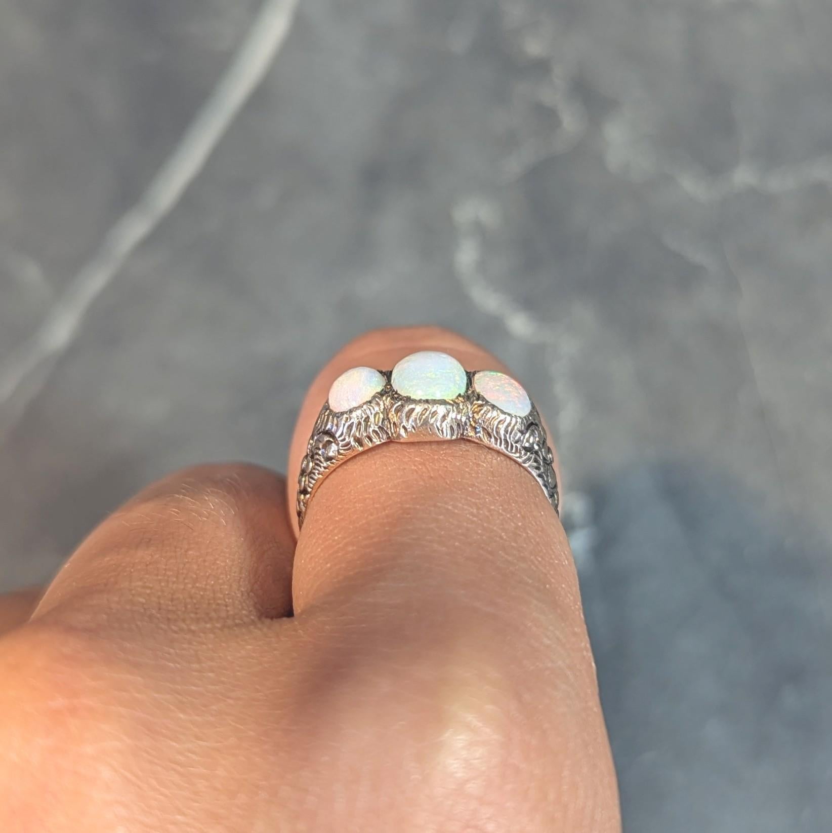 Victorian Opal Cabochon 14 Karat Rose Gold Antique Three Stone Floral Band Ring For Sale 11