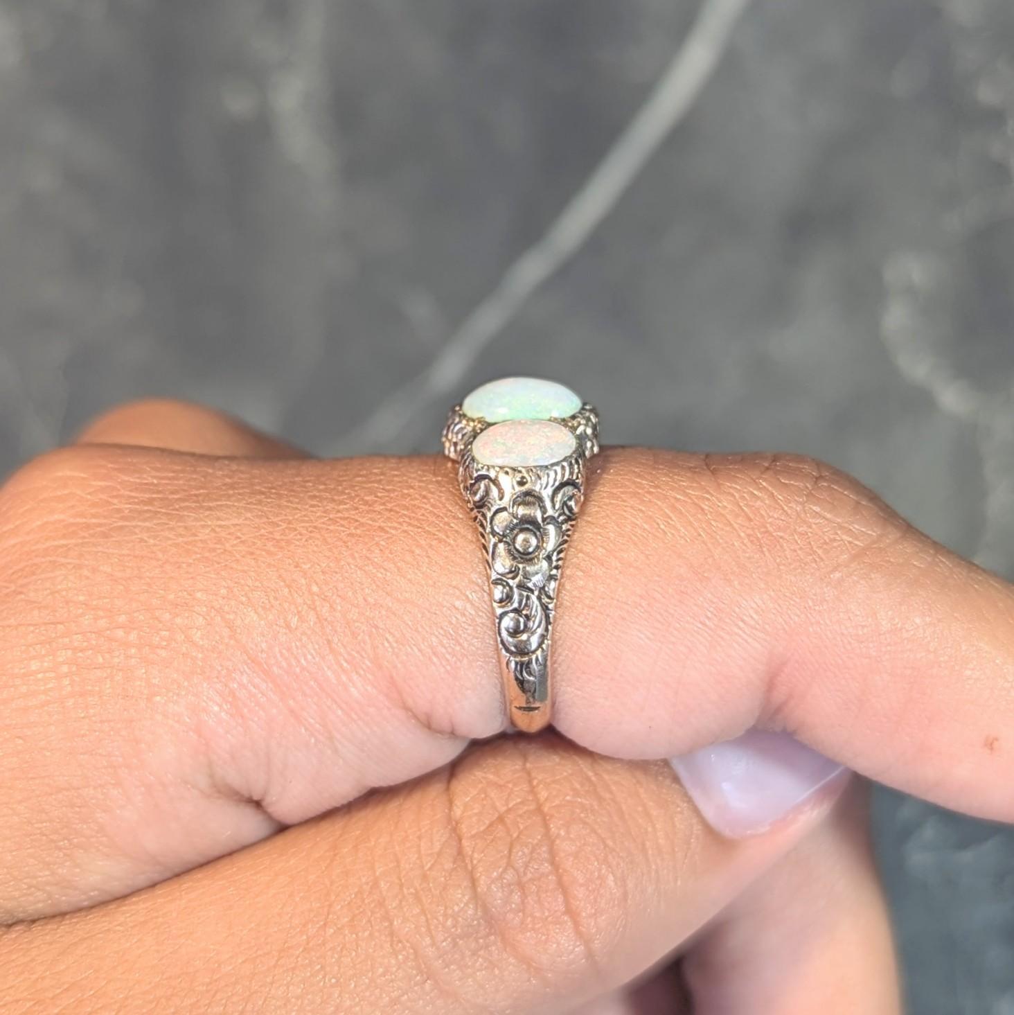 Victorian Opal Cabochon 14 Karat Rose Gold Antique Three Stone Floral Band Ring For Sale 12