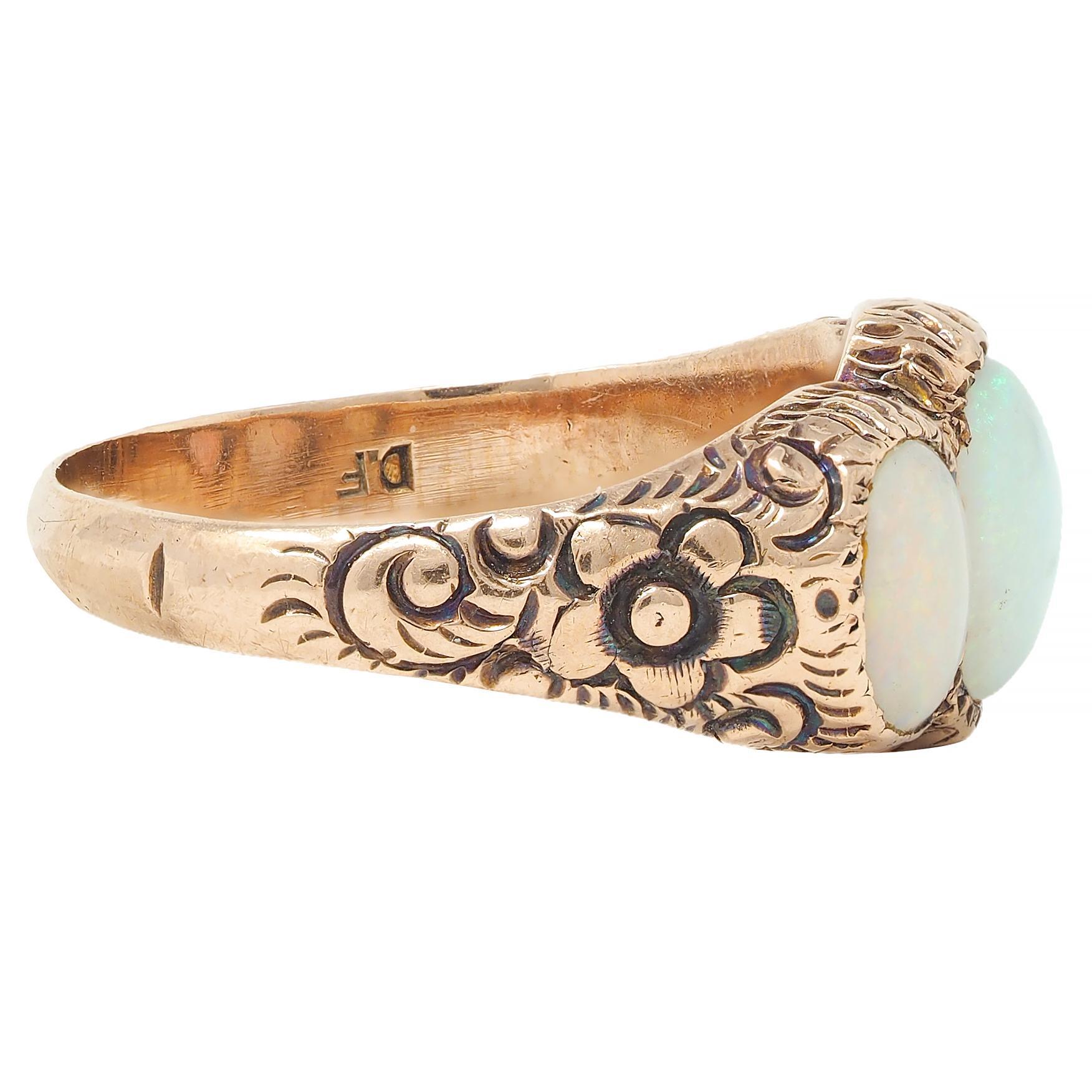 Women's or Men's Victorian Opal Cabochon 14 Karat Rose Gold Antique Three Stone Floral Band Ring For Sale