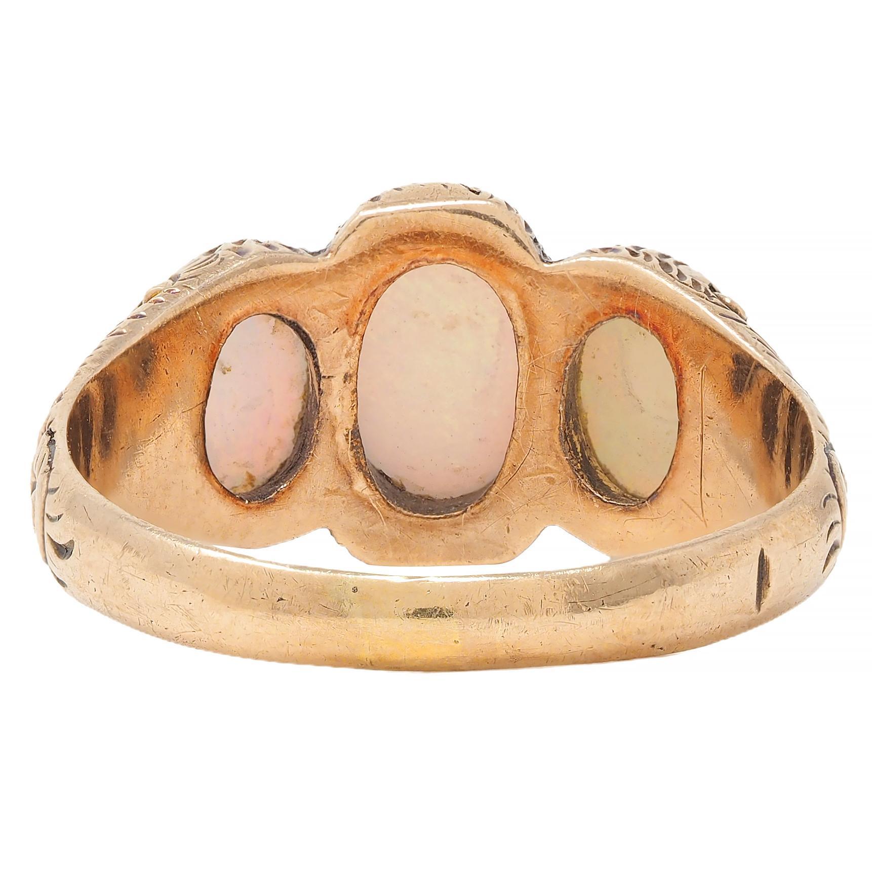 Victorian Opal Cabochon 14 Karat Rose Gold Antique Three Stone Floral Band Ring For Sale 1
