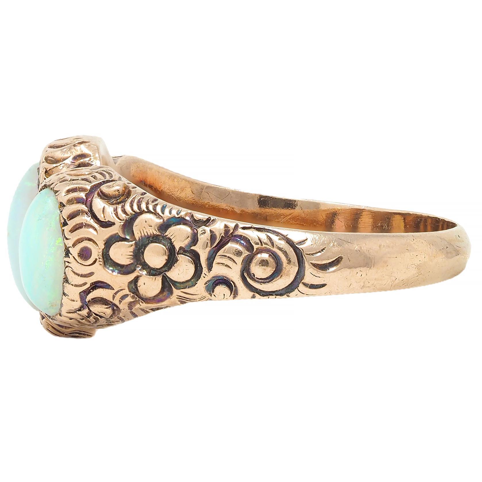 Victorian Opal Cabochon 14 Karat Rose Gold Antique Three Stone Floral Band Ring For Sale 2