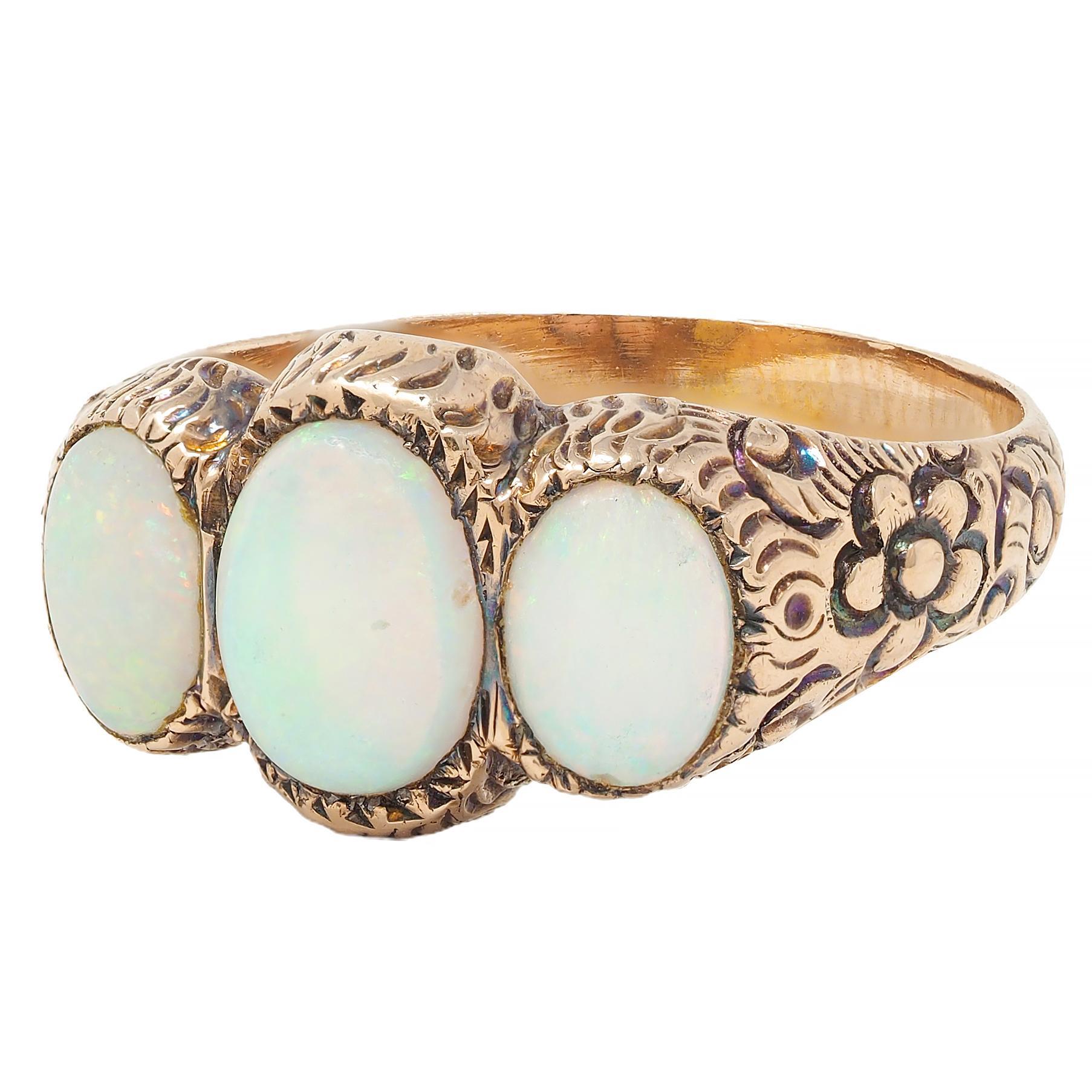 Victorian Opal Cabochon 14 Karat Rose Gold Antique Three Stone Floral Band Ring For Sale 3