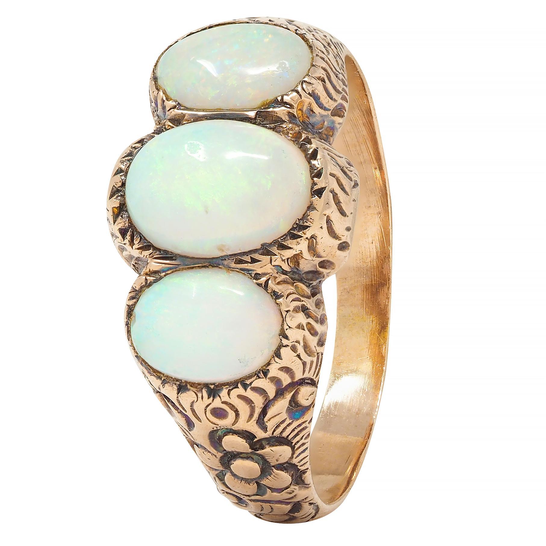 Victorian Opal Cabochon 14 Karat Rose Gold Antique Three Stone Floral Band Ring For Sale 4