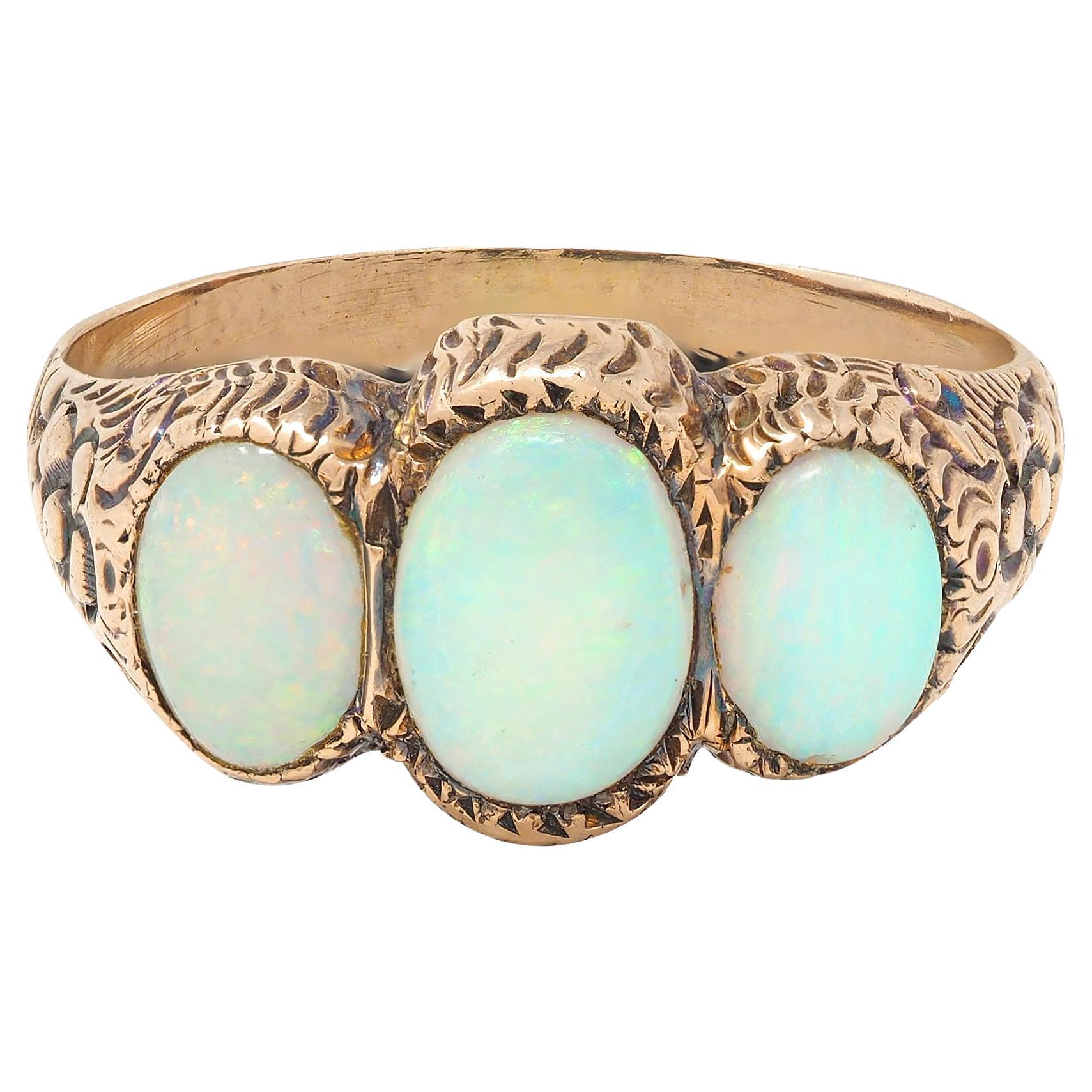 Victorian Opal Cabochon 14 Karat Rose Gold Antique Three Stone Floral Band Ring For Sale
