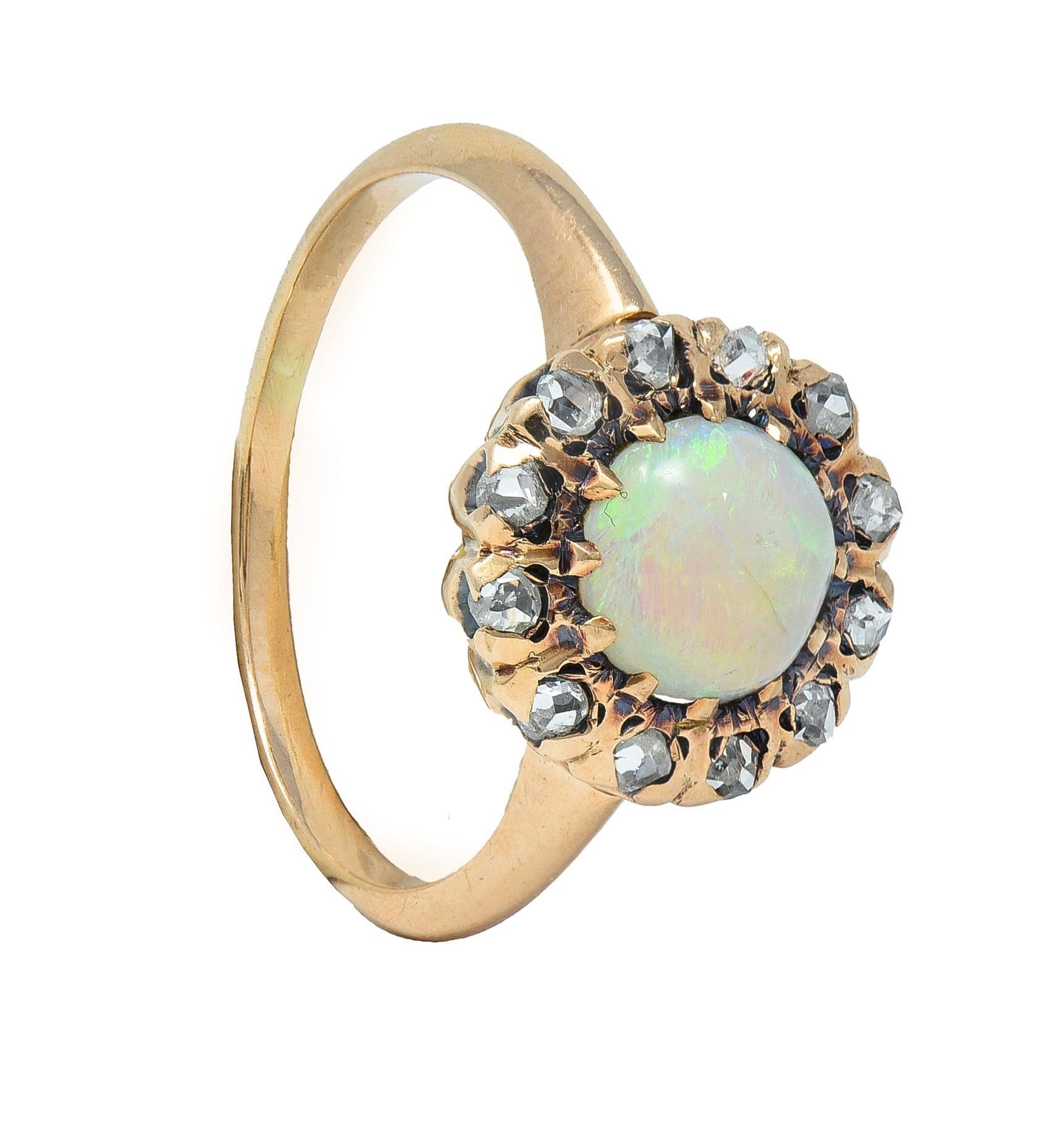 Victorian Opal Cabochon Diamond 14 Karat Yellow Gold Antique Halo Ring For Sale 6