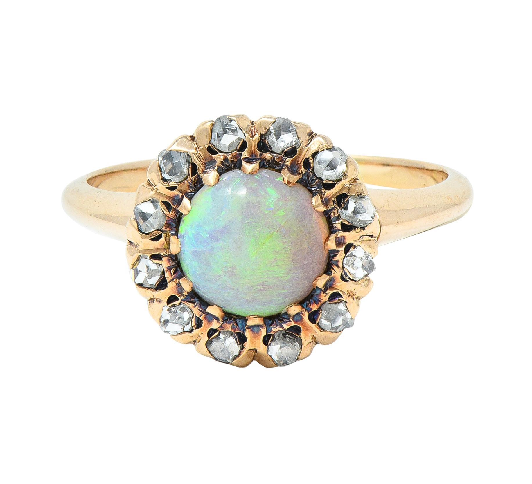Victorian Opal Cabochon Diamond 14 Karat Yellow Gold Antique Halo Ring For Sale 7