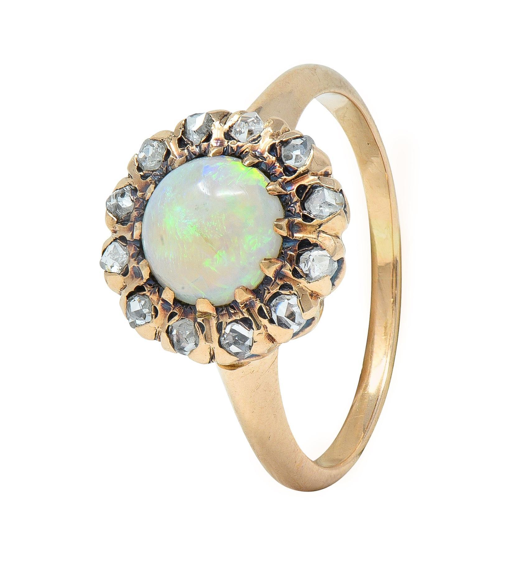Victorian Opal Cabochon Diamond 14 Karat Yellow Gold Antique Halo Ring In Excellent Condition For Sale In Philadelphia, PA