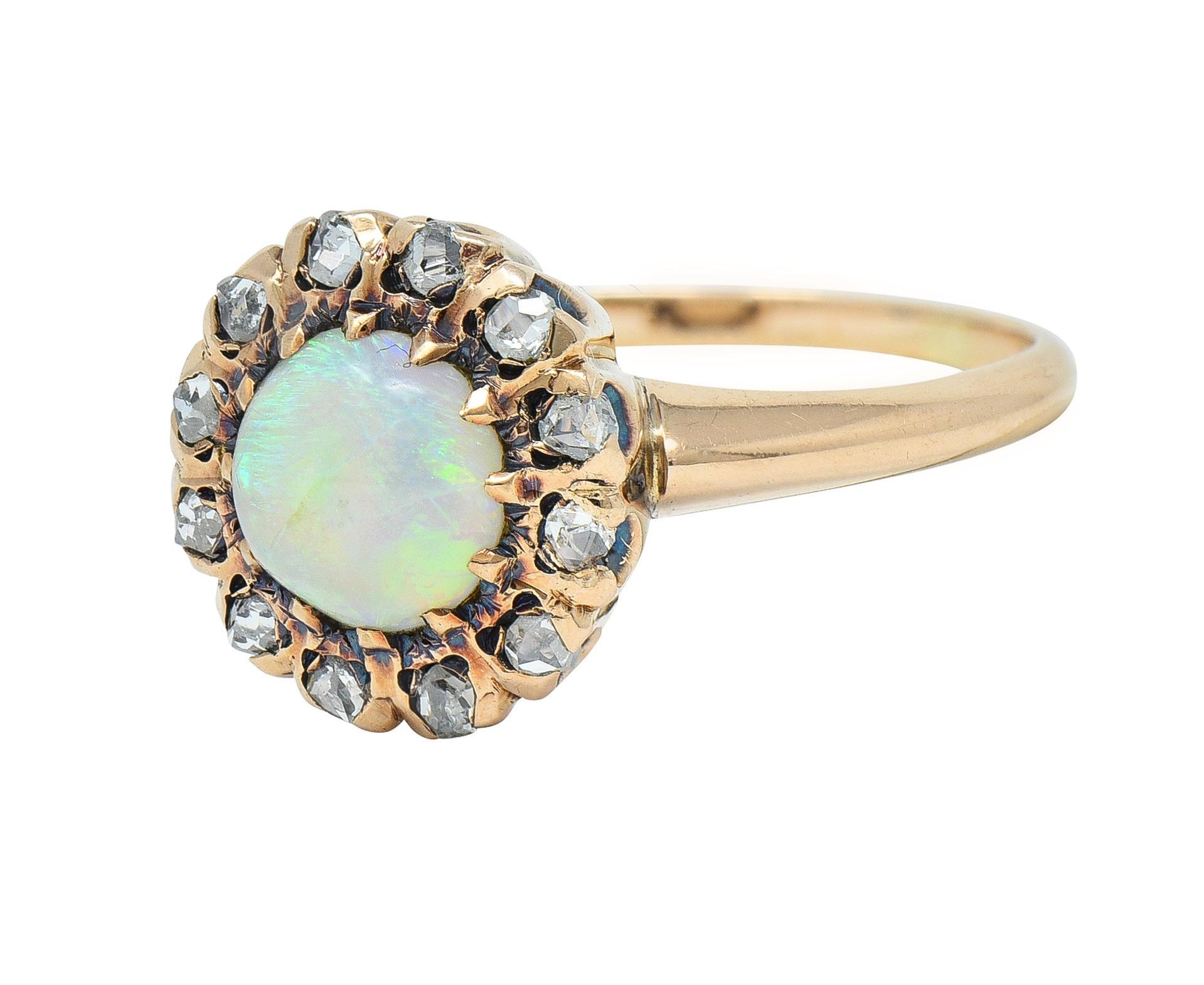 Women's or Men's Victorian Opal Cabochon Diamond 14 Karat Yellow Gold Antique Halo Ring For Sale
