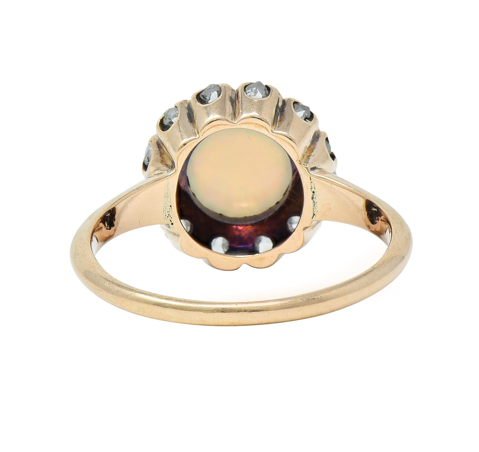 Victorian Opal Cabochon Diamond 14 Karat Yellow Gold Antique Halo Ring For Sale 1